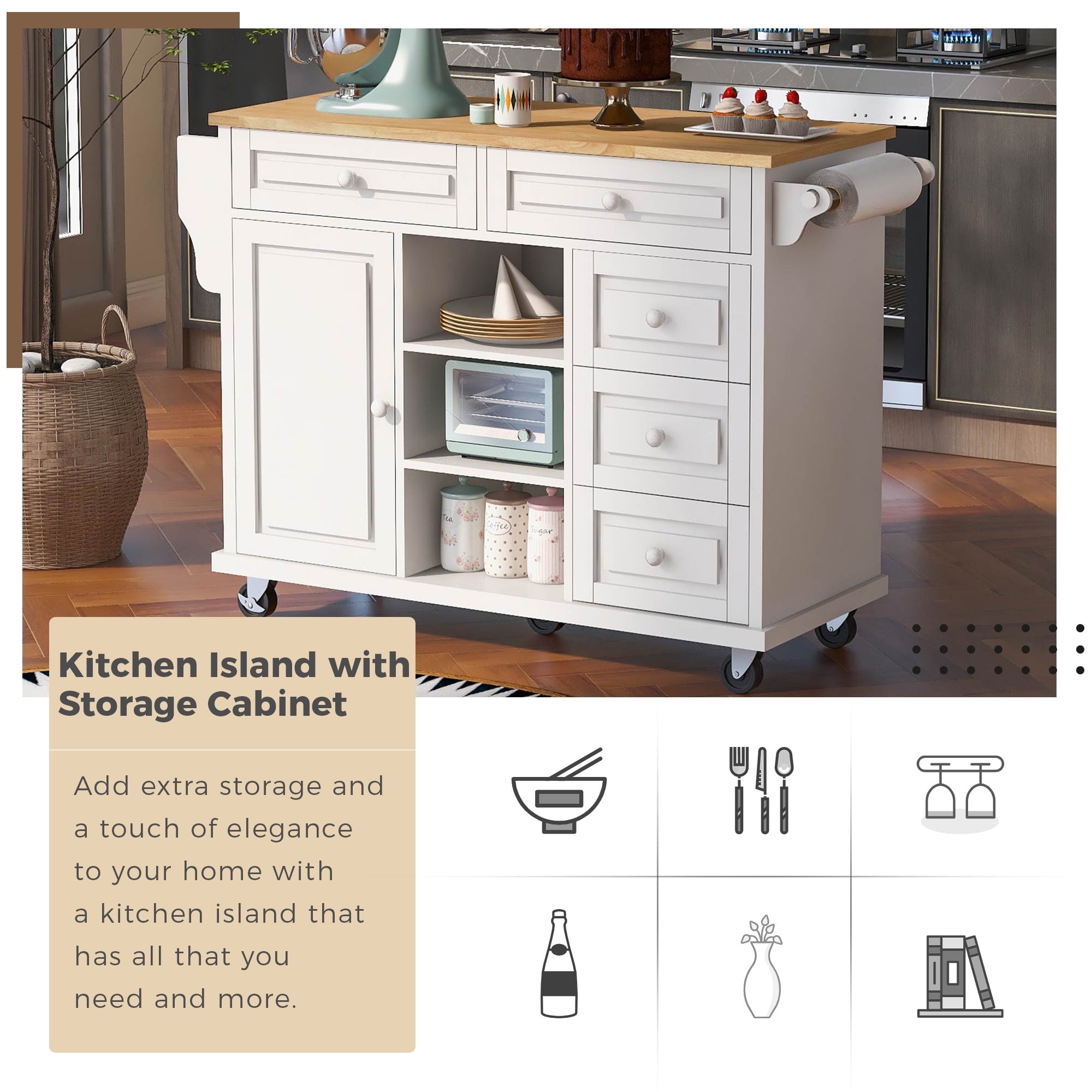 COOKCOK Kitchen Cart with Wood Countertop, Rolling Mobile Kitchen Island Cart with 5 Drawers, Open Storage Shelves, Towel Rack, 53" Width, White
