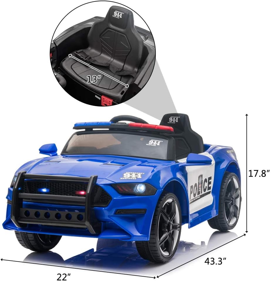 Track 7 12V Kids Police Sports Car, 2.4GHZ Remote Control, LED Lights, Siren, Microphone, Blue
