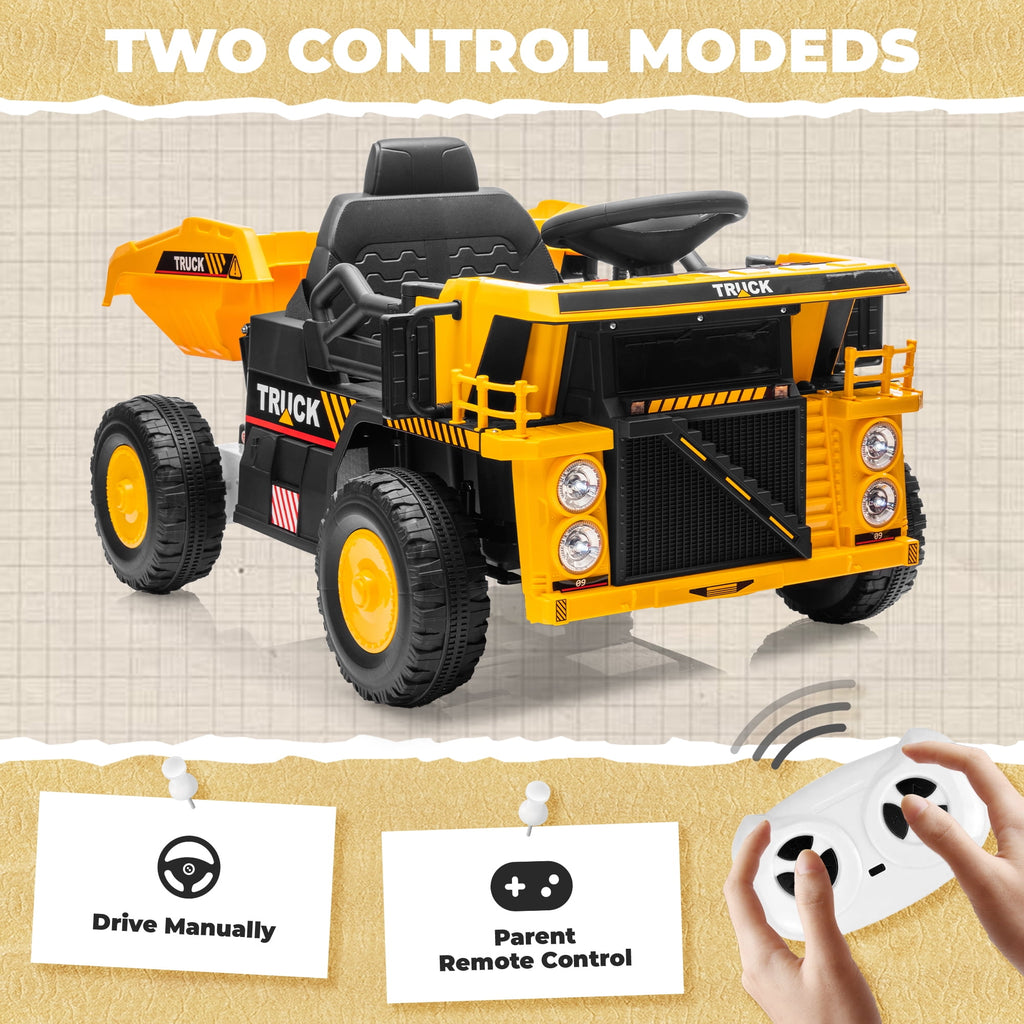 SUSIELADY 12V Kids Ride on Car, Ride on Dump Truck, with Remote Control, Electric Dump Bed, Extra Shovel, Bluetooth, Music, for Kids Aged 3+