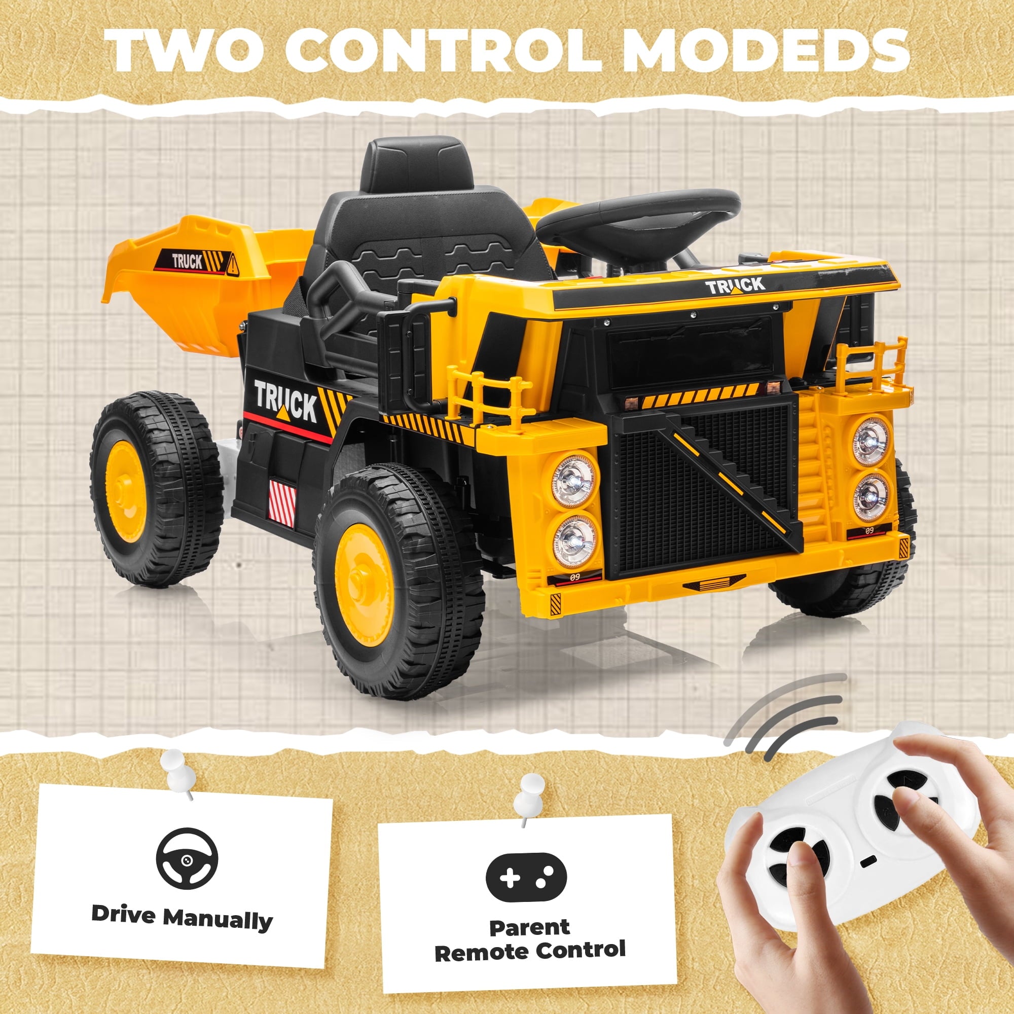 SUSIELADY 12V Kids Ride on Car, Ride on Dump Truck, with Remote Control, Electric Dump Bed, Extra Shovel, Bluetooth, Music, for Kids Aged 3+