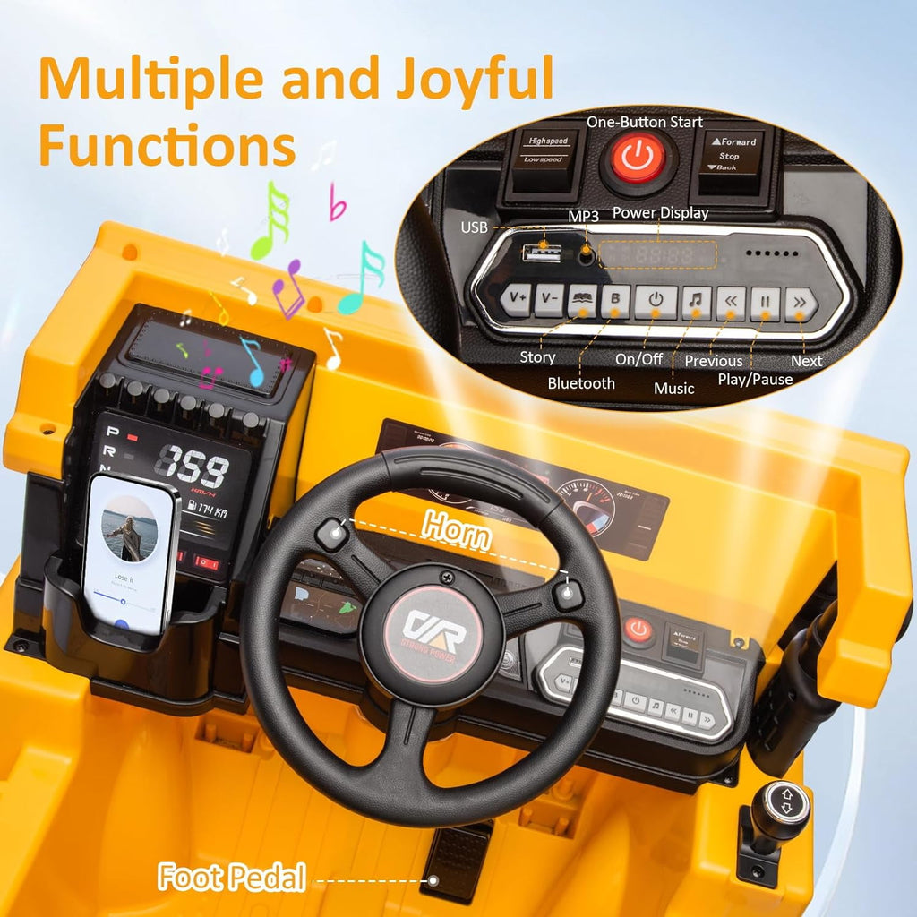 Track 7 Kids Ride on Car, 12V Ride on Dump Truck, Electric Car with Remote Control, Music, USB, Story, Electric Dump Bed and Extra Shovel, Phone stand