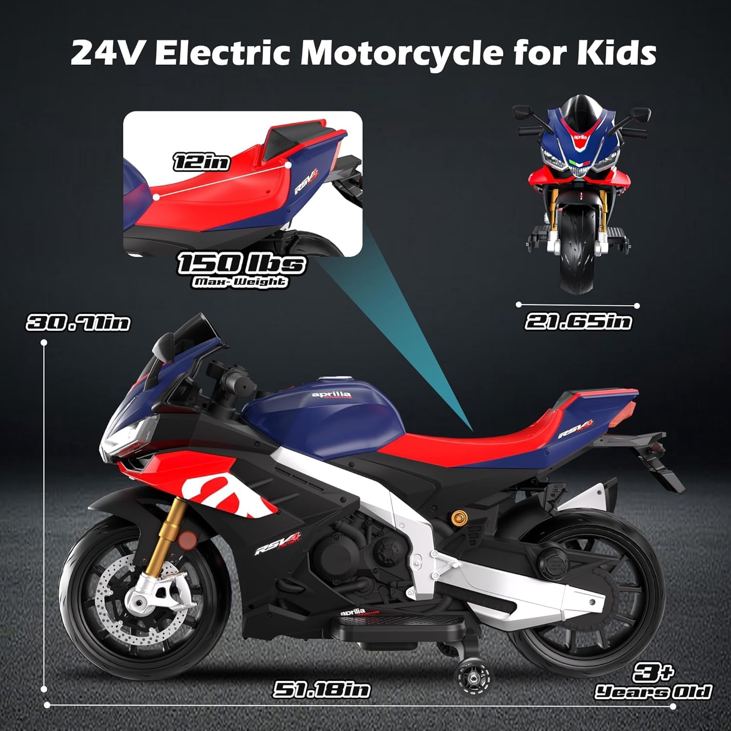 Track Seven 24V Ride on Motorcycle, Licensed Aprilia RSV4 Electric Motorcycle for Kids with Training Wheels, LED Lights, Music, Speed Up to 5 Mph, Ride on Toy Car for Boys Girls Aged 3+, Blue