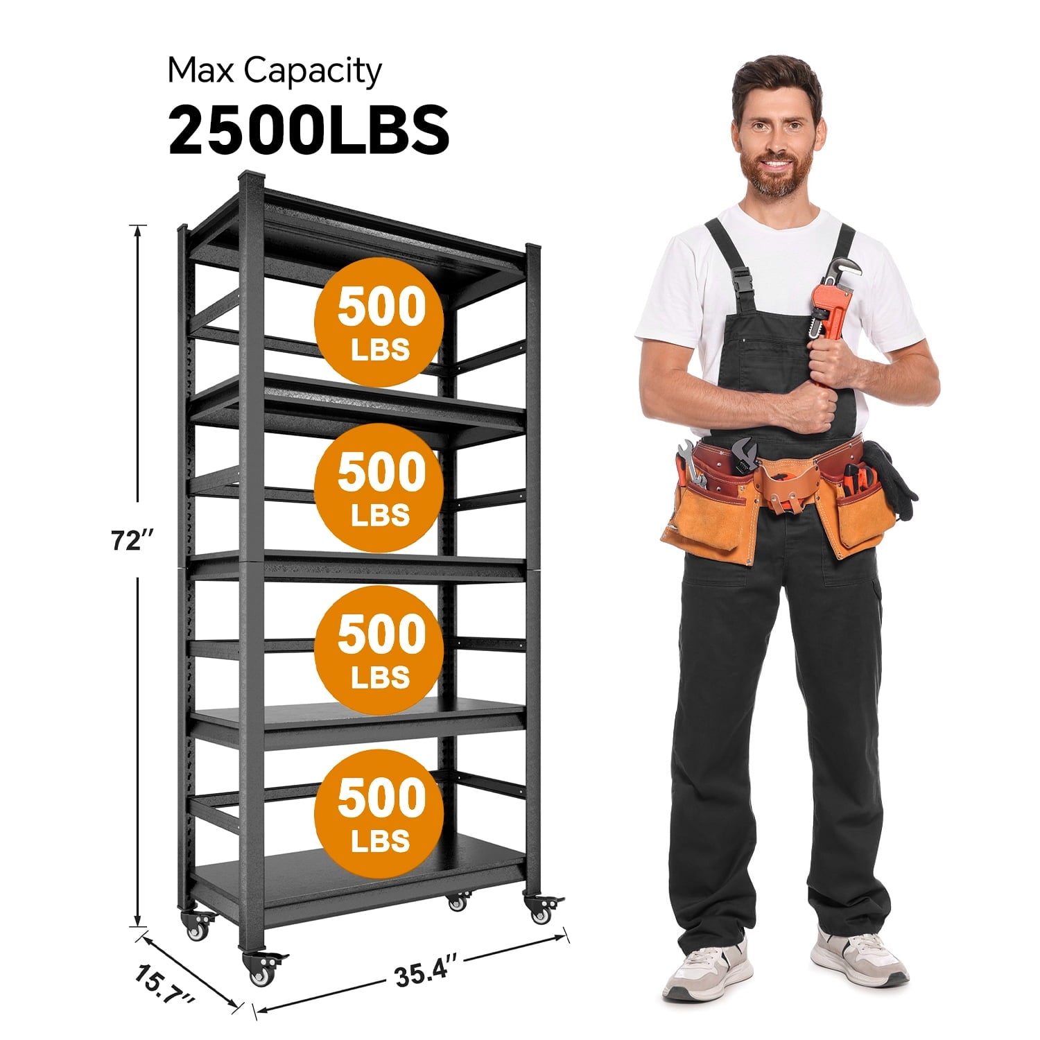COOKCOK 5-Tier Storage Shelving Unit, Metal Shelf with Wheels, 35.4"x15.8"x72", Adjustable Garage Storage Shelf, Load Up to 2500LBS, Kitchen Shelf with Protective Side