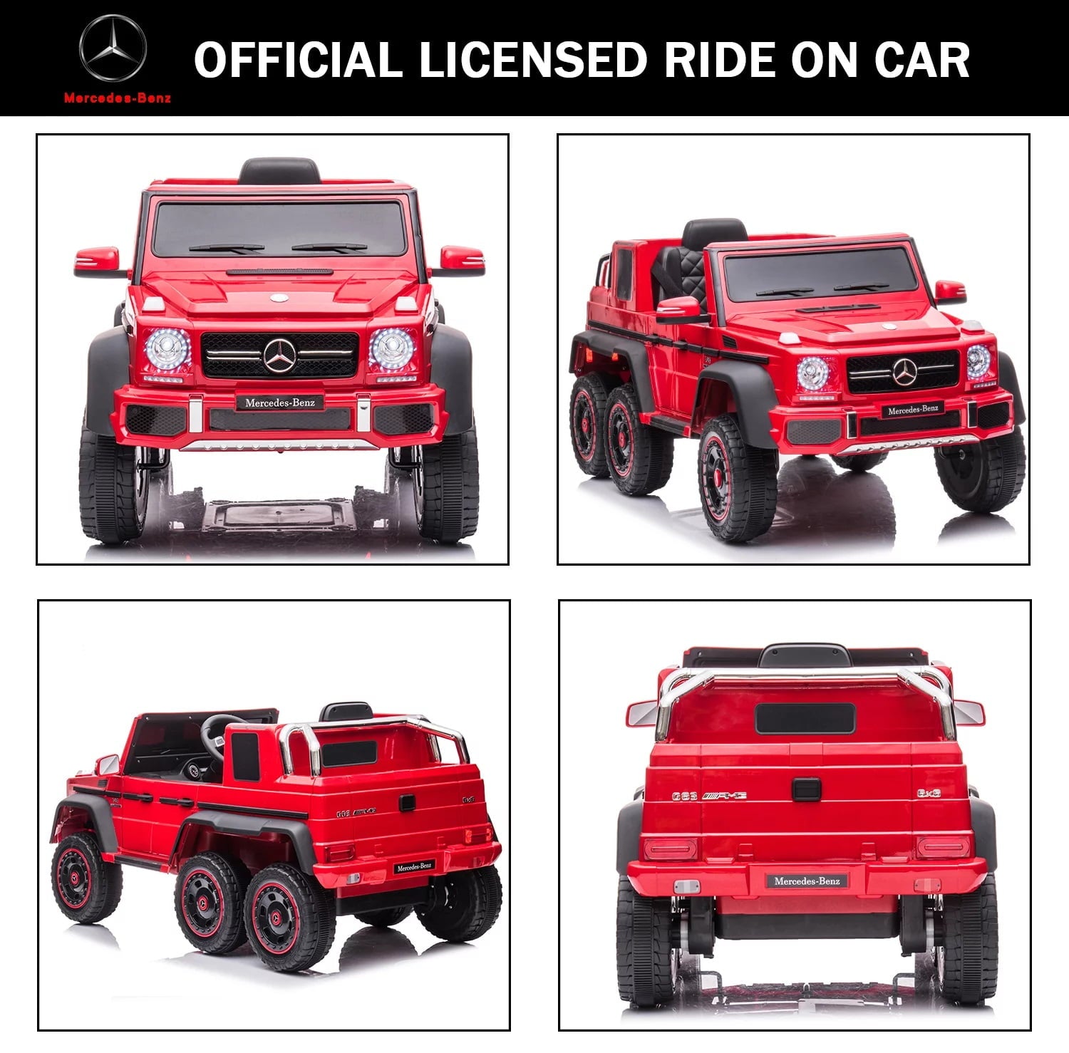 Track Seven 24V Ride on Car, Licensed Mercedes Benz G63 24V Electric Car with Remote Control, Music, Bluetooth, Leather Seat, 6 Wheels Kids Ride on Truck, Red