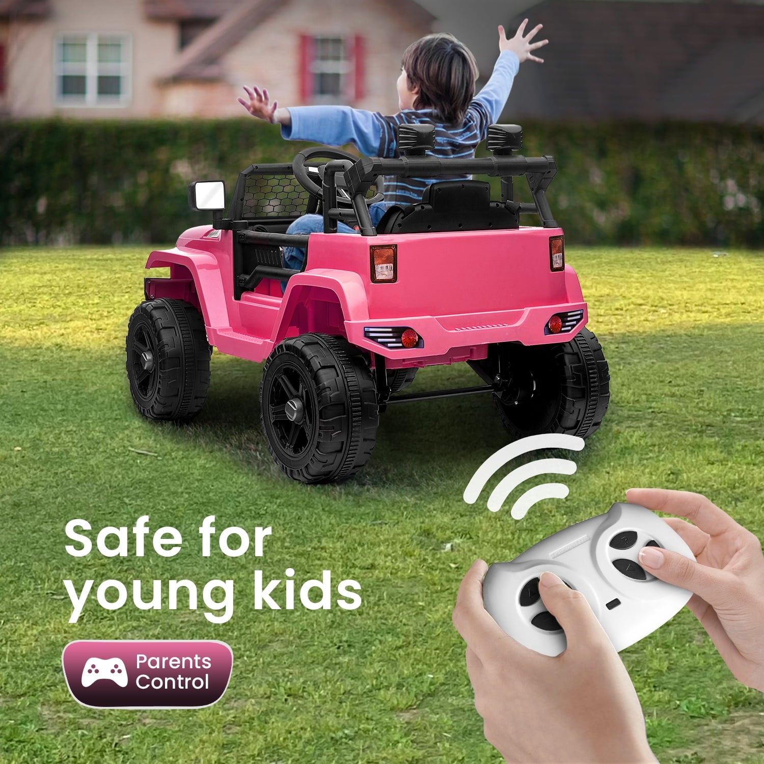 Track 7 Kids Ride on Truck, 12V Electric Car for Boys Girls Age 3+, Music, Ride on Car with Remote Control, Pink