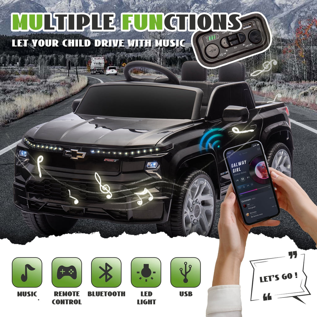 Track Seven 24V Ride on Car, Licensed Chevrolet Silverado Electric Car Truck with Remote Control, Bluetooth, LED Lights, Power Display, Rear Storage Ride on Toy Car for Boys Girls Age 3+, Black