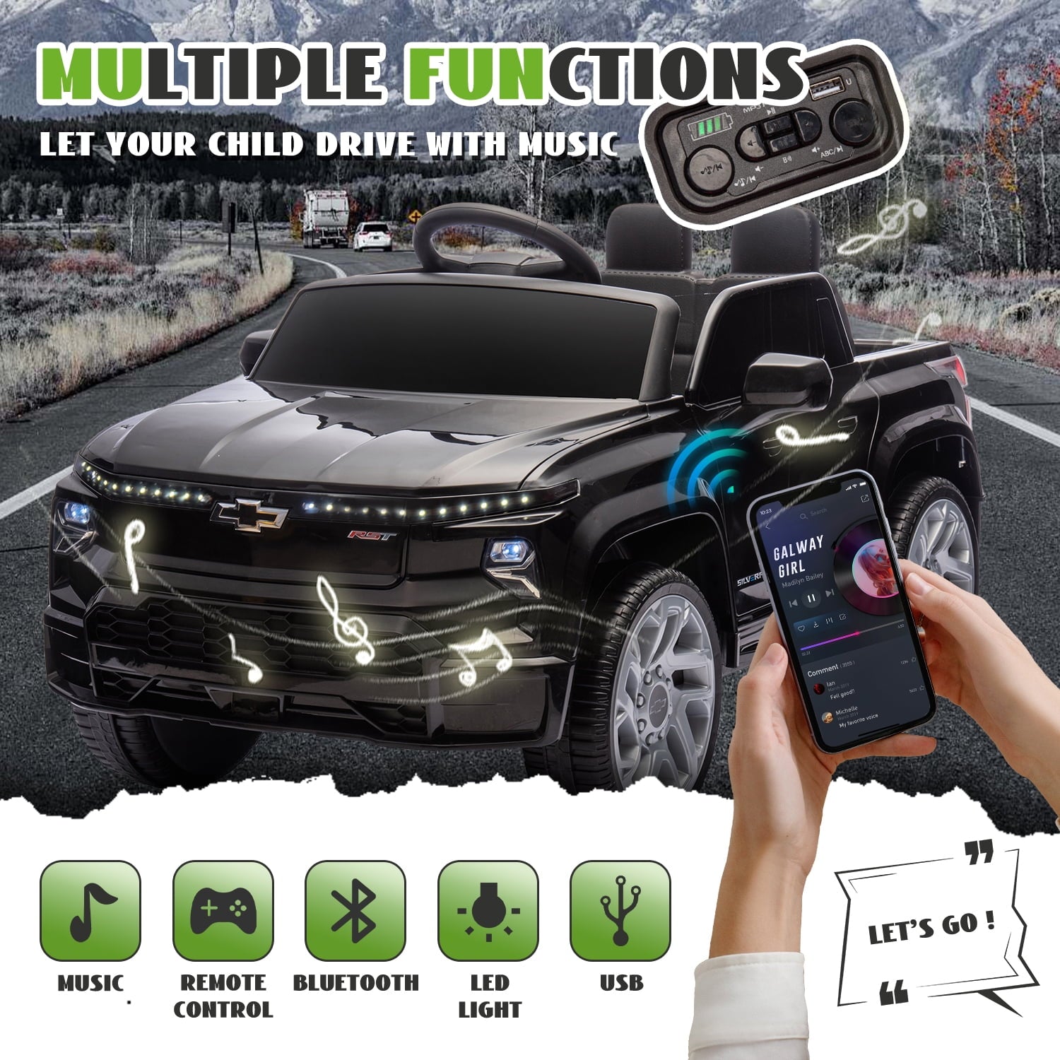 Track Seven 24V Ride on Car, Licensed Chevrolet Silverado Electric Car Truck with Remote Control, Bluetooth, LED Lights, Power Display, Rear Storage Ride on Toy Car for Boys Girls Age 3+, Black