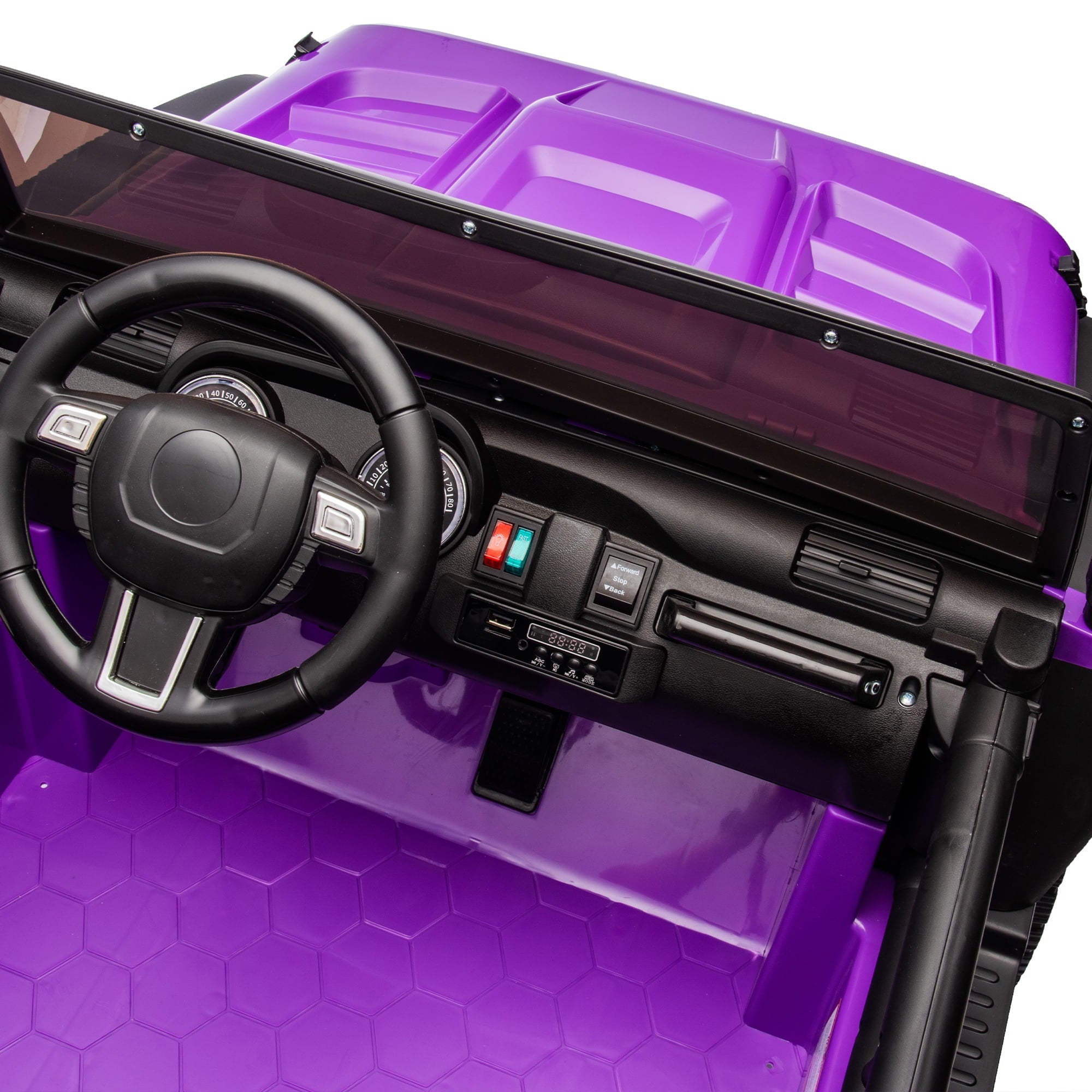 Track 7 24V Two-Seater Kids Ride-On Truck, Parents Control, 4WD Suspension, LED/MP3/Bluetooth, 2 Seat Belts, Ages 3+, Purple