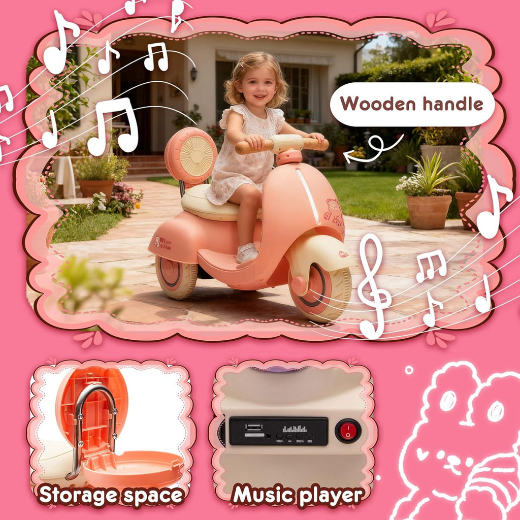 Track Seven 12V Ride on Motorcycle, 3-Wheel Toddler Electrc Scooter with Remote Control, Bluetooth, Wide Seat, Wooden Handle, Slow Start, Electric Motorycle for Boys Girls Aged 1-3 Years, Pink