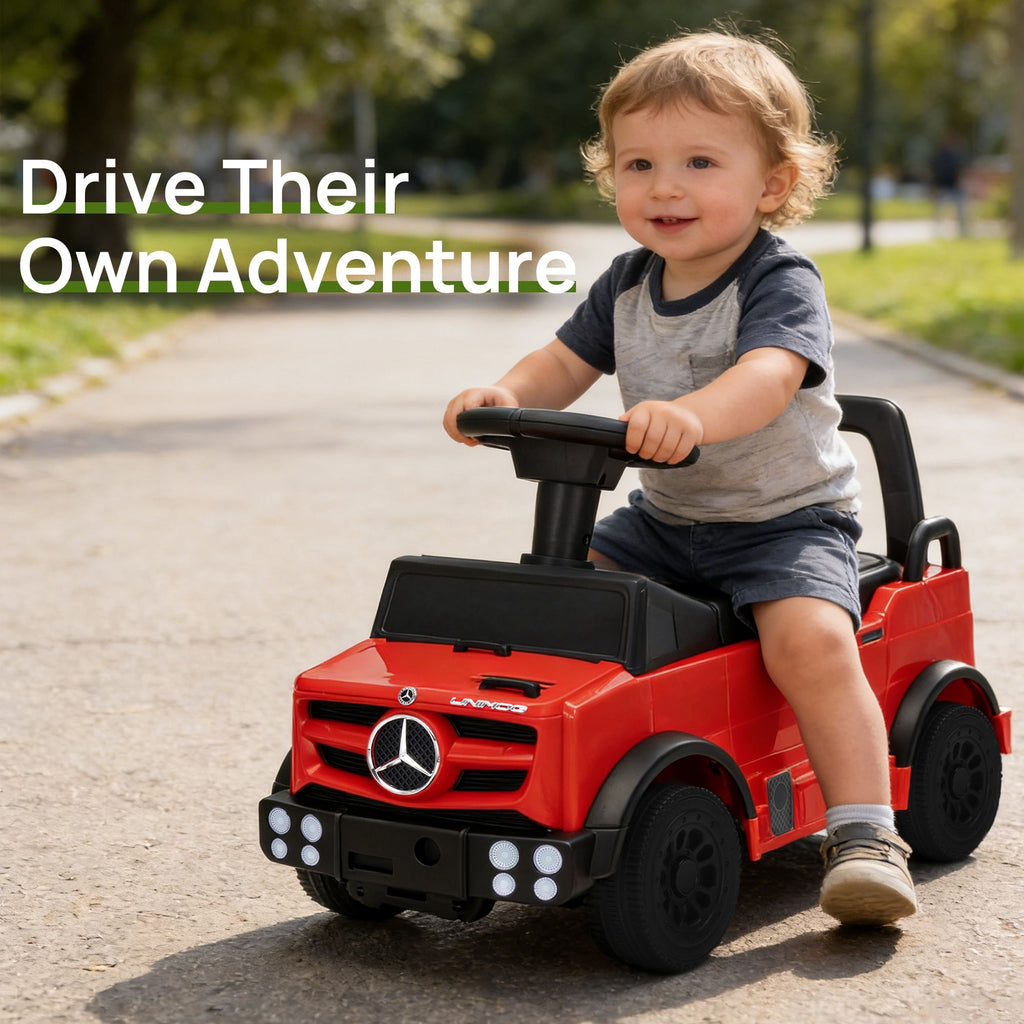 Track Seven Ride-On Push Car for Toddlers, Licensed Mercedes-Benz Unimog Sliding Car w/Steering Wheel, Under Seat Storage, Foot-to-Floor Ride On Toy for Boys & Girls Aged 1-3 Years, Red