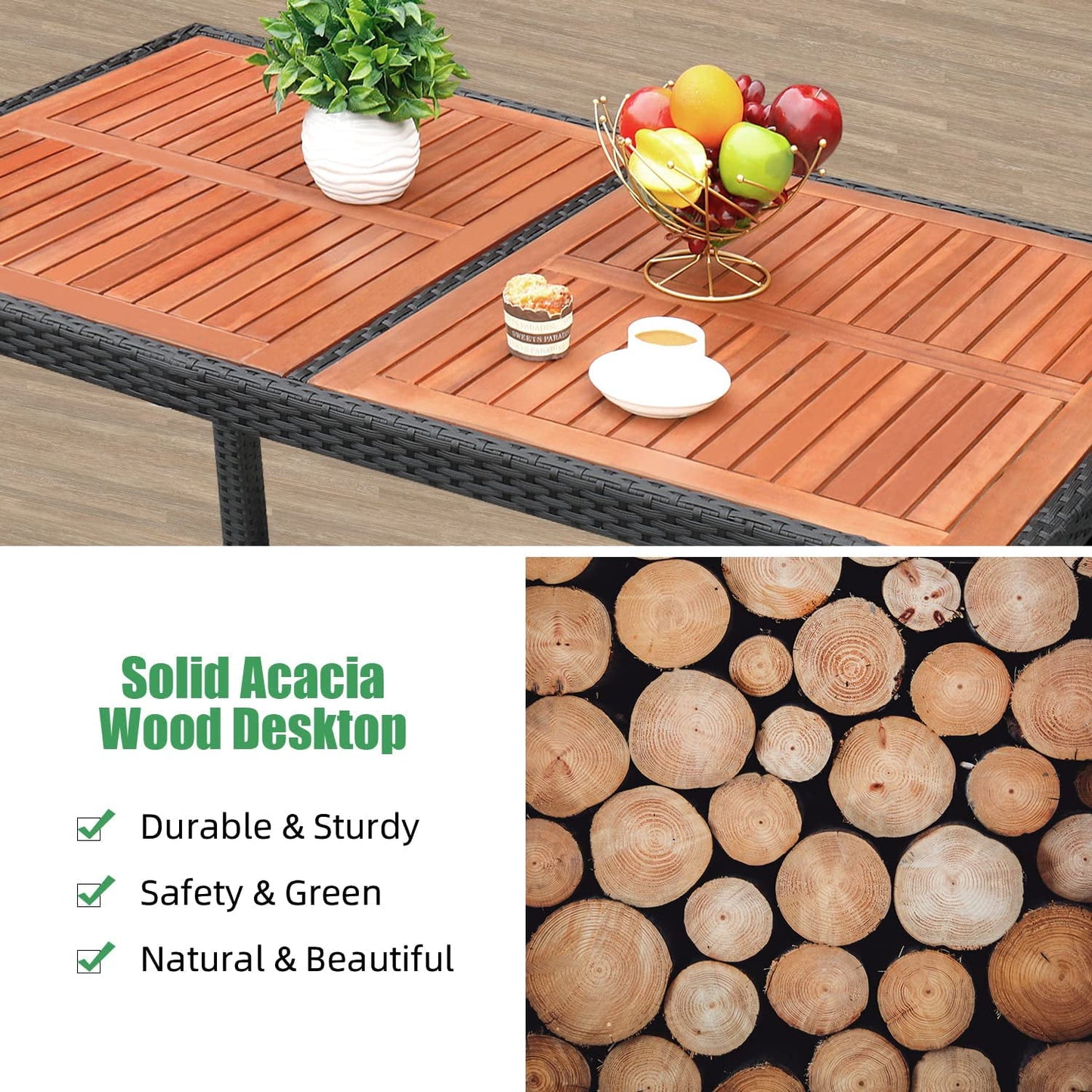 COOKCOK 7 Piece Patio Dining Set, Outdoor Acacia Wood Table & Chairs with Soft Cushion, Garden, Black