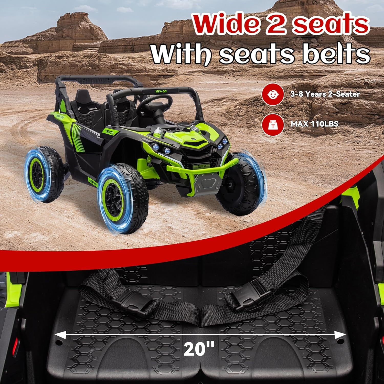 Track 7 24V 2-Seater Ride on UTV, 20" Large Seat, 2 x 200W Powerful Motors, 4.5 mph Max Speed, Ride on Car w/Remote Control, MP3, Lights, Battery Powered Electric Car for Boys Girls Age 3+, Green