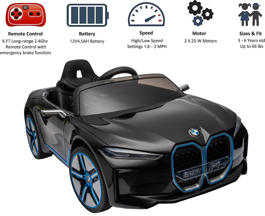 Track 7 Kids Ride on Car, 12V Licensed BMW i4 12V Electric Car with Remote Control, MP3, Age 3+, Black