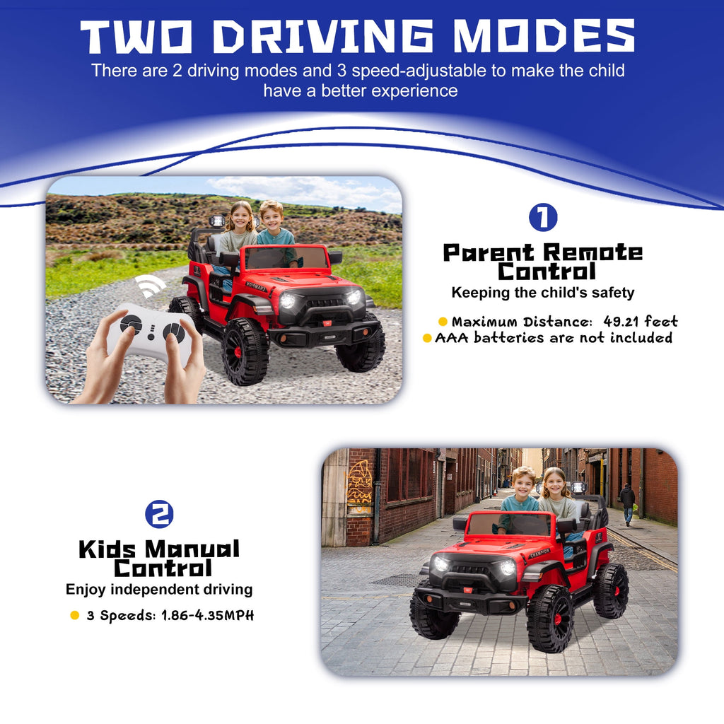 Track Seven  24V Ride on Truck, 2 Seater Ride On Toy Car for Big Kids, 19.7" Large Wide Seat, 4WD Electric Truck Car with Music, Bluetooth, Light and Searchlight, Max Speed 4.35 mph, Red