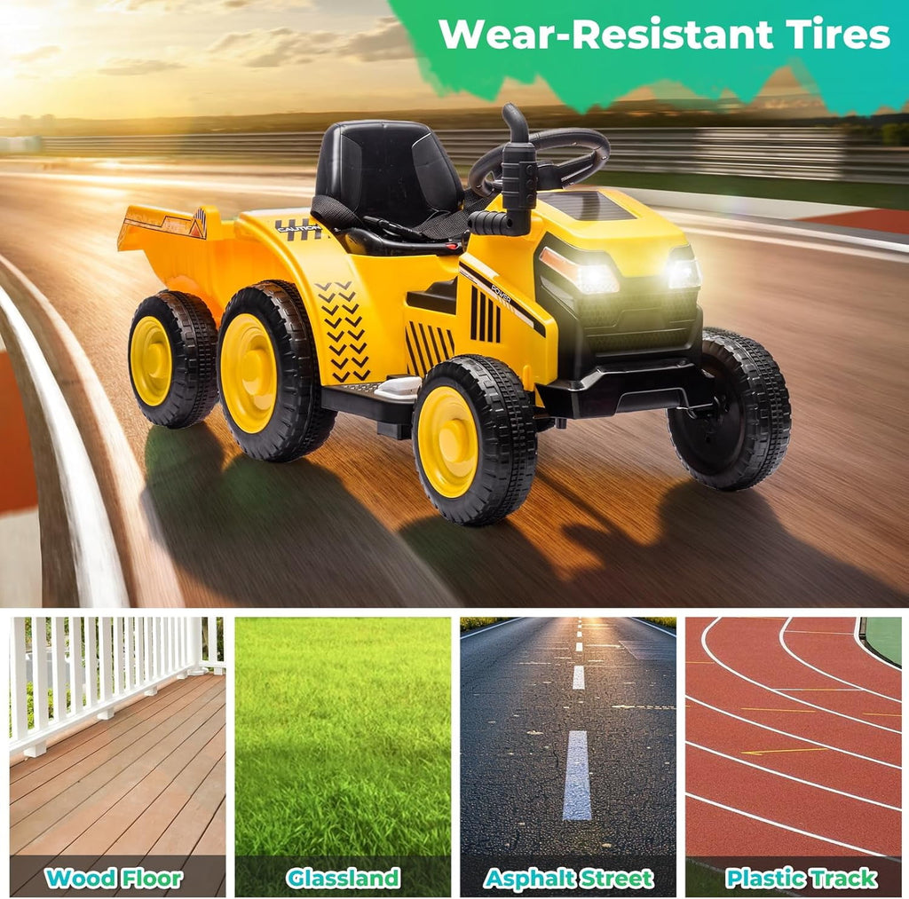 Track 7 12V Ride on Tractor, Kids Electric Tractor Black Knight with Detachable Trailer, Bluetooth, USB, 2WD, Removable storage Tug, 6-Wheel Ride on Toy Car for Boys Girls Age 3+, Yellow