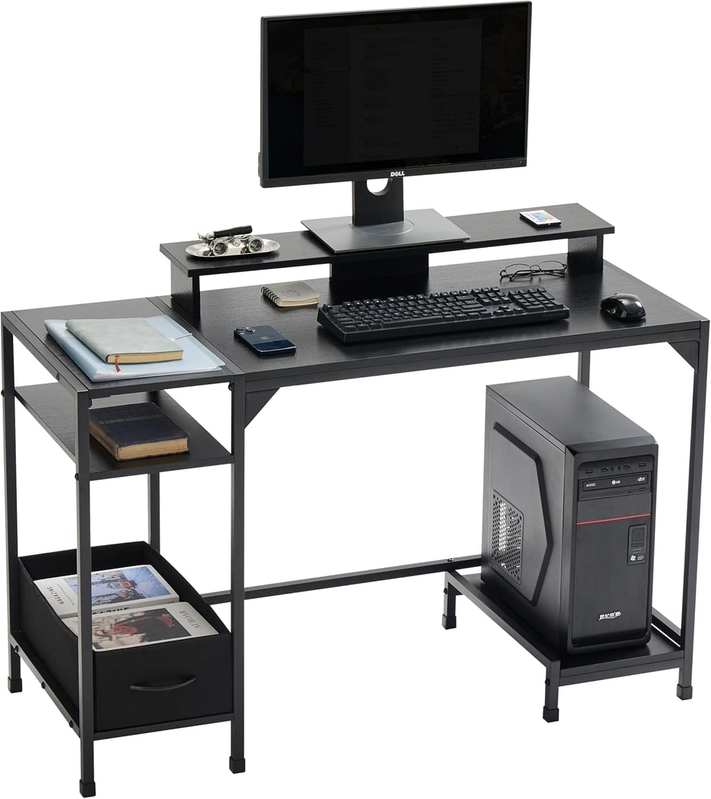 COOKCOK 47 inch Computer Desk, Office Desk with a Monitor Stand and Fabric Drawer, Writing Gaming Table with Shelves and 2 Hooks for Home Office, Black
