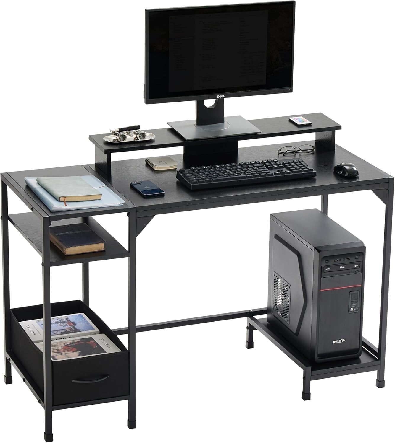 COOKCOK 47 inch Computer Desk, Office Desk with a Monitor Stand and Fabric Drawer, Writing Gaming Table with Shelves and 2 Hooks for Home Office, Black