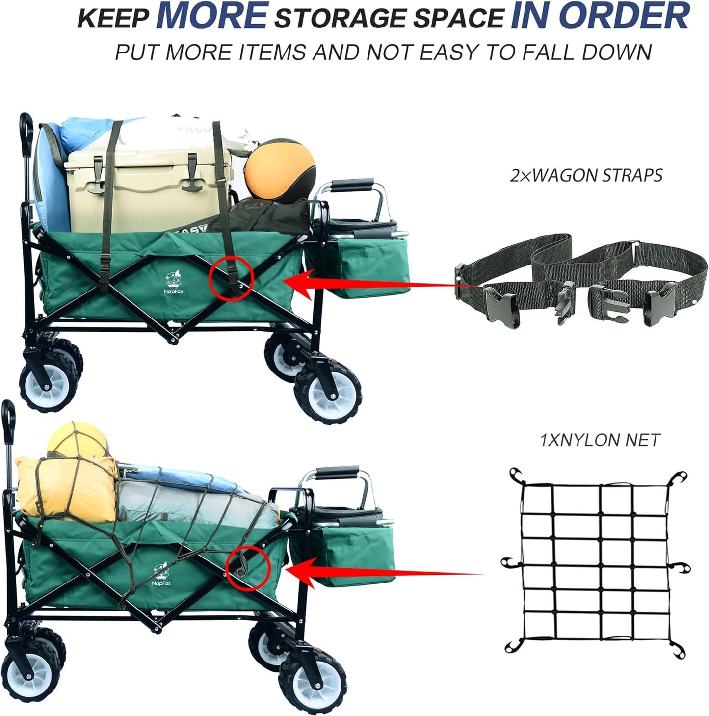 COOKCOK Collapsible Wagon Cart, 350 Pound Capacity Heavy Duty Enlarged Utility Folding Beach Garden Wagon Cart with Cooler Bag & Big Wheels for Outdoor Camping Shopping, Green
