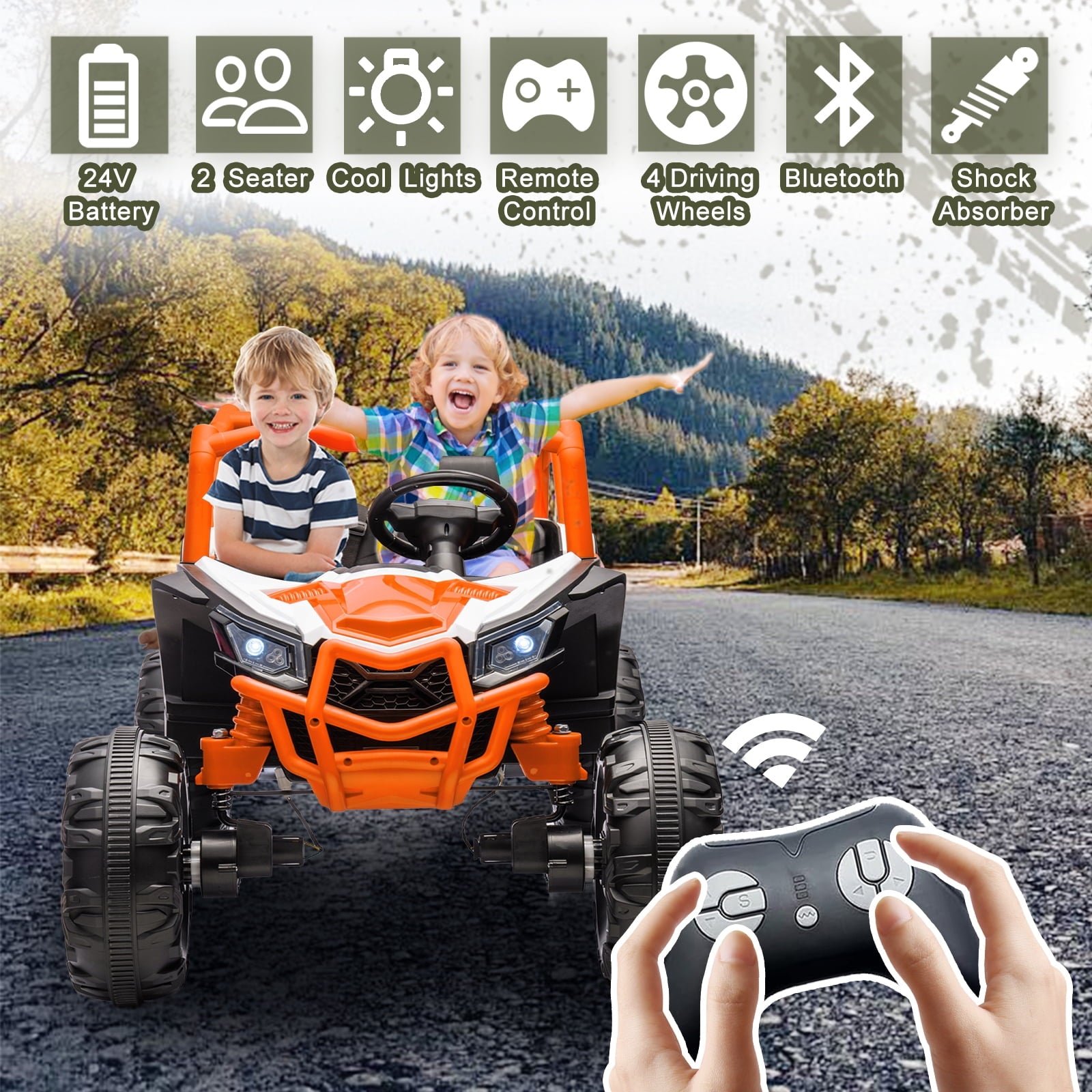 Track 7 24V Ride on UTV, 2-Seater Ride on Car with Remote Control, Music, 2 Speed, Key Start, 4x4 Ride on Off-Road Truck, Blue