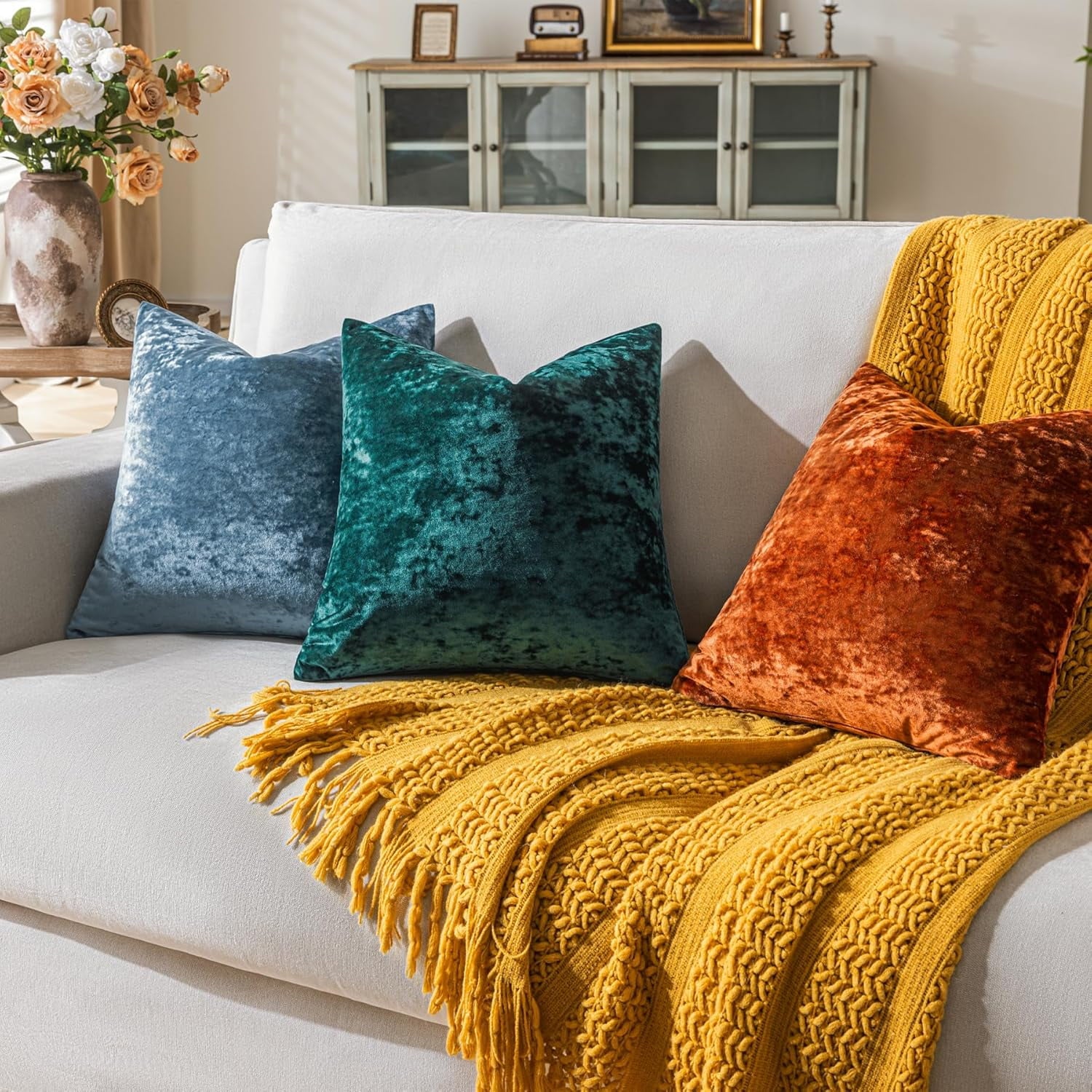 COOKCOK Set of 2 Blue Gray Decorative Velvet Throw Pillow Covers 18x18 Inches, Soft Neutral Accent Pillow Cases with Vintage Textured Farmhouse Couch Cushion Covers for Luxurious Home Decor