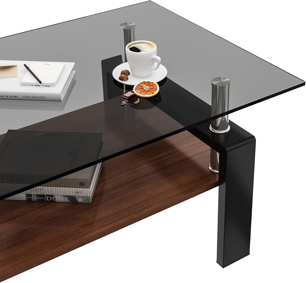 BISHE Glass Coffee Table, Rectangular Modern Design, Tempered Brown Glass Tabletop, White MDF Layer, Sturdy Living Room Center Table, Perfect for Office or Lounge in 36" x 20" Size, Gray+Brown