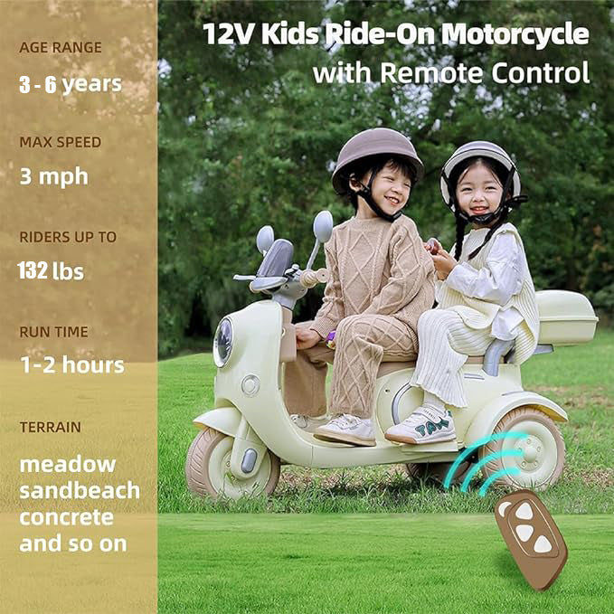 Track Seven 12V Kids Ride on Motorcycle, 3 Wheels Powered Motorbike for Kids Ride with Mp3, Bluetooth, Headlight, Storage Box for Kids Aged 3+, Yellow