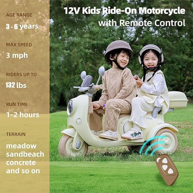 SUSIELADY 12V Kids Ride on Motorcycle, 2-Seater Kids Motorbike, 3 Wheels with Mp3, Bluetooth, Headlight, Storage Box, Backseat, for Kids Aged 3+