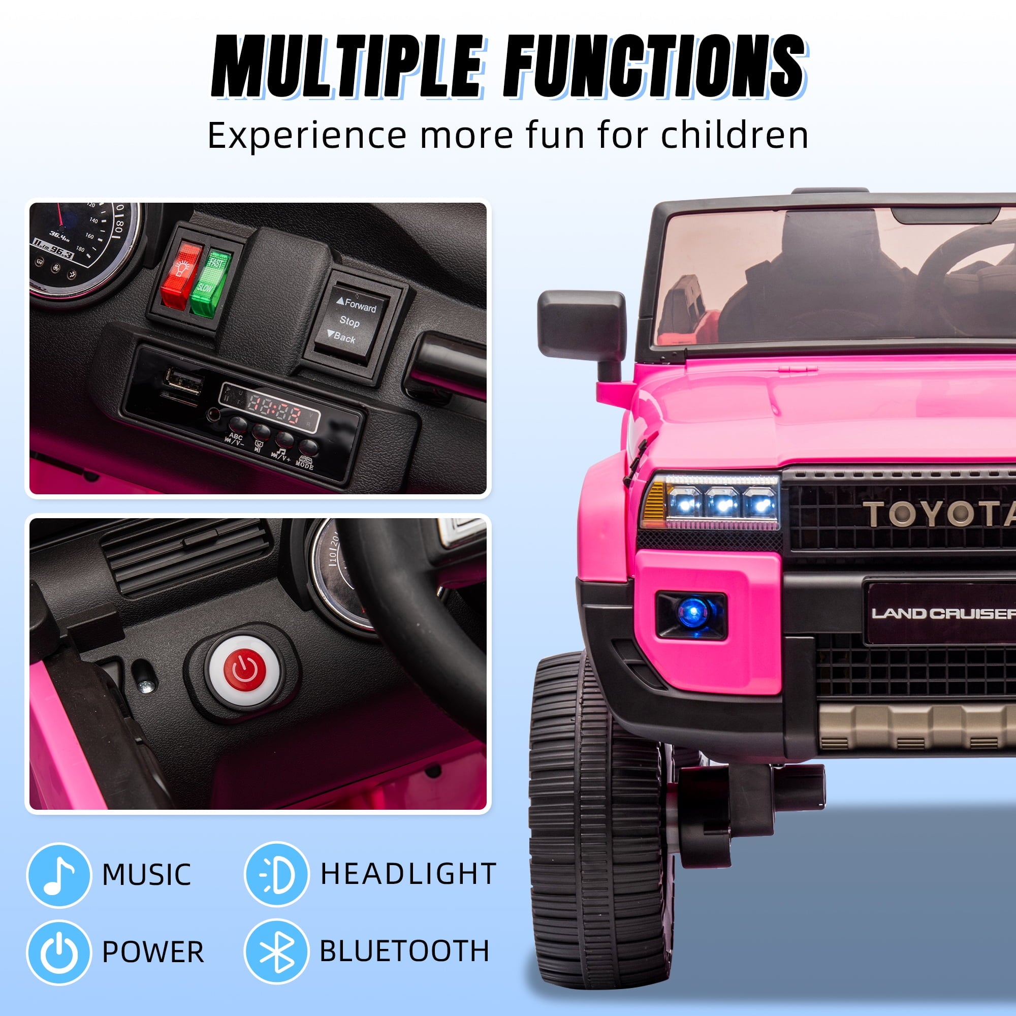 Track 7 24V Ride on Car, Licensed Toyota LC 250 2-Seater Electric Car for Boys Girls, 24V Ride on Car with Remote Control, Music, Bluetooth, Front Storage Space, Shovel, Pink