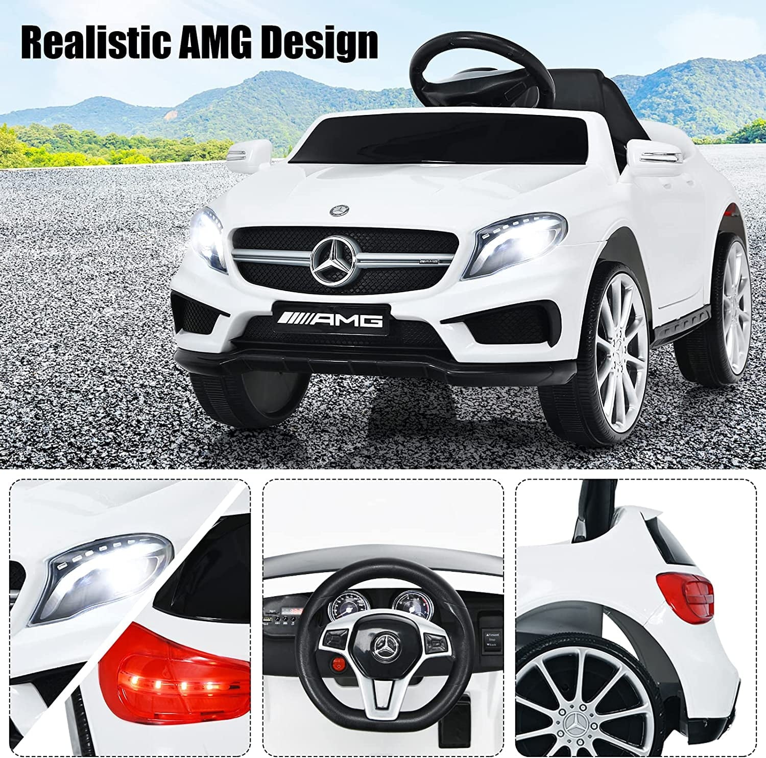 Track 7 6V Ride on Car, Licensed Mercedes Benz AMG GTR Battery Powered Electric Vehicle, w/Parent Remote, Wider Seat, LED Lights, 5-point Belt, MP3 Player, Smooth Start, White
