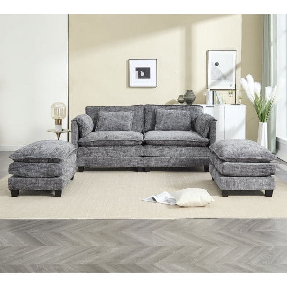 COOKCOK Deep Seat Loveseat with 2 Ottomans, Sectional Loveseat Couch Modular Sofa, Modern Double Layer Upholstered Loveseat Sofa, 2 Deep Seater Couch for Living Room, Gray