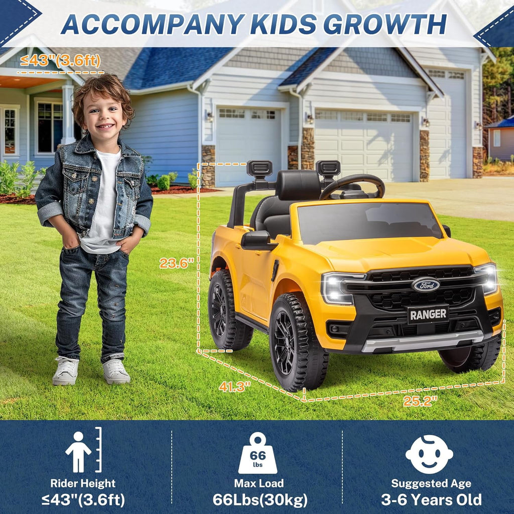 Track 7 12V Kids Ride on Pickup Truck, Licensed Ford Ranger, Electric Vehicle Ride on Toy Car with Remote Control, Music Player, LED Lights, Bluetooth, Soft Start, Gift for Kids Ages 3-6, Yellow