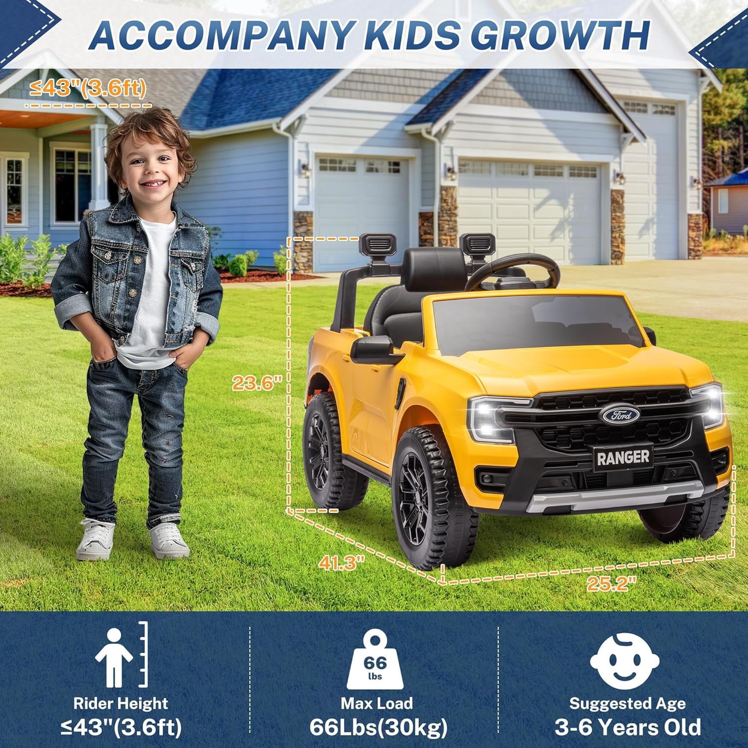 Track 7 12V Kids Ride on Pickup Truck, Licensed Ford Ranger, Electric Vehicle Ride on Toy Car with Remote Control, Music Player, LED Lights, Bluetooth, Soft Start, Gift for Kids Ages 3-6, Yellow