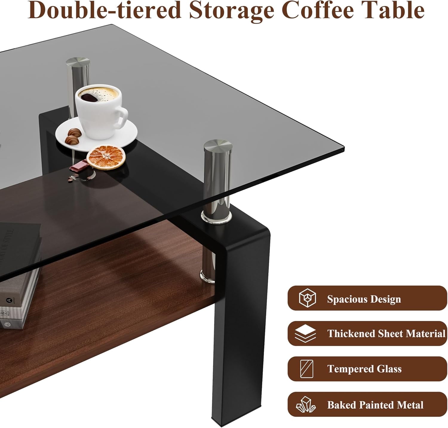 BISHE Glass Coffee Table, Rectangular Modern Design, Tempered Brown Glass Tabletop, White MDF Layer, Sturdy Living Room Center Table, Perfect for Office or Lounge in 36" x 20" Size, Gray+Brown