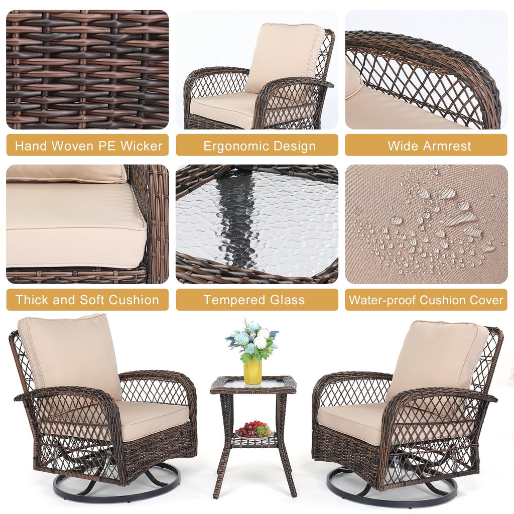 COOKCOK 3 Pieces Outdoor Swivel Rocker Chair Set of 2 with Small Side Table Wicker Rattan Patio Furniture Set Outdoor Rocking Chair Set for Backyard, Balcony, Deck, Beige