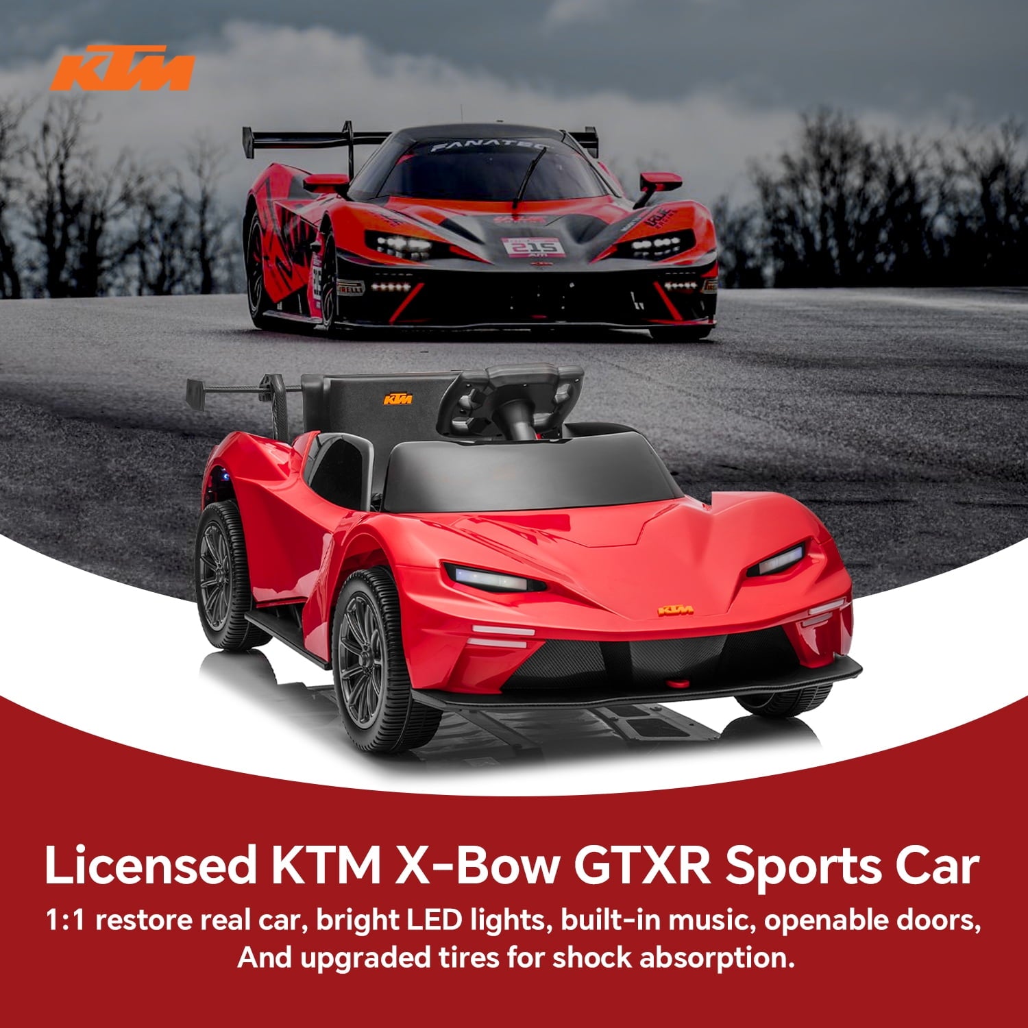 Track Seven 12V Ride on Car with Remote Control, Licensed KTM X-BOW GTXR Electric Car for Kids Age 3+, Music, Ride on Toy Electric Vehicle, Red