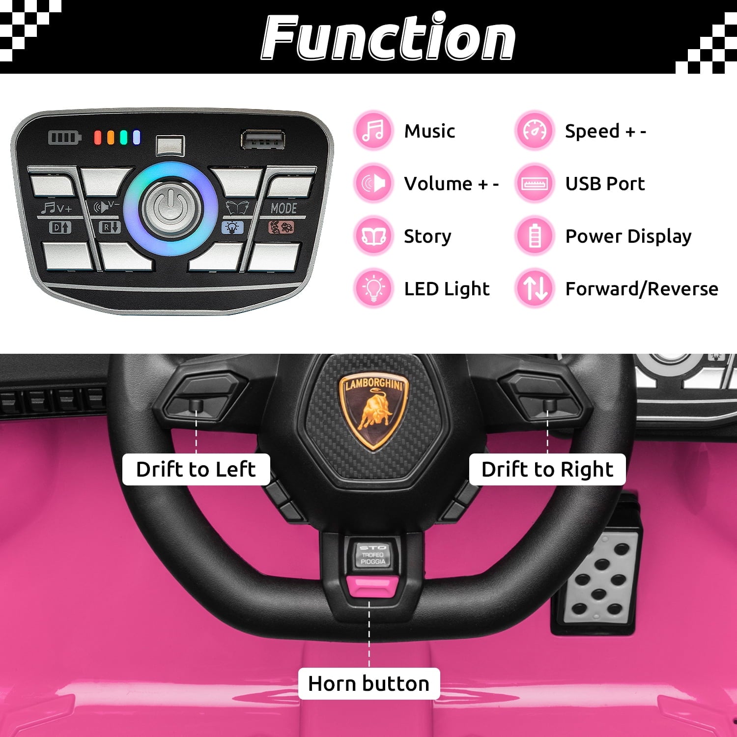 Track 7 24V Kids Ride on Car, Licensed Lamborghini STO Electric Car for Boys Girls, 2-Seater Ride on Drift Car with Remote Control, Music, 360° Spin, Max Speed 6mph, Pink