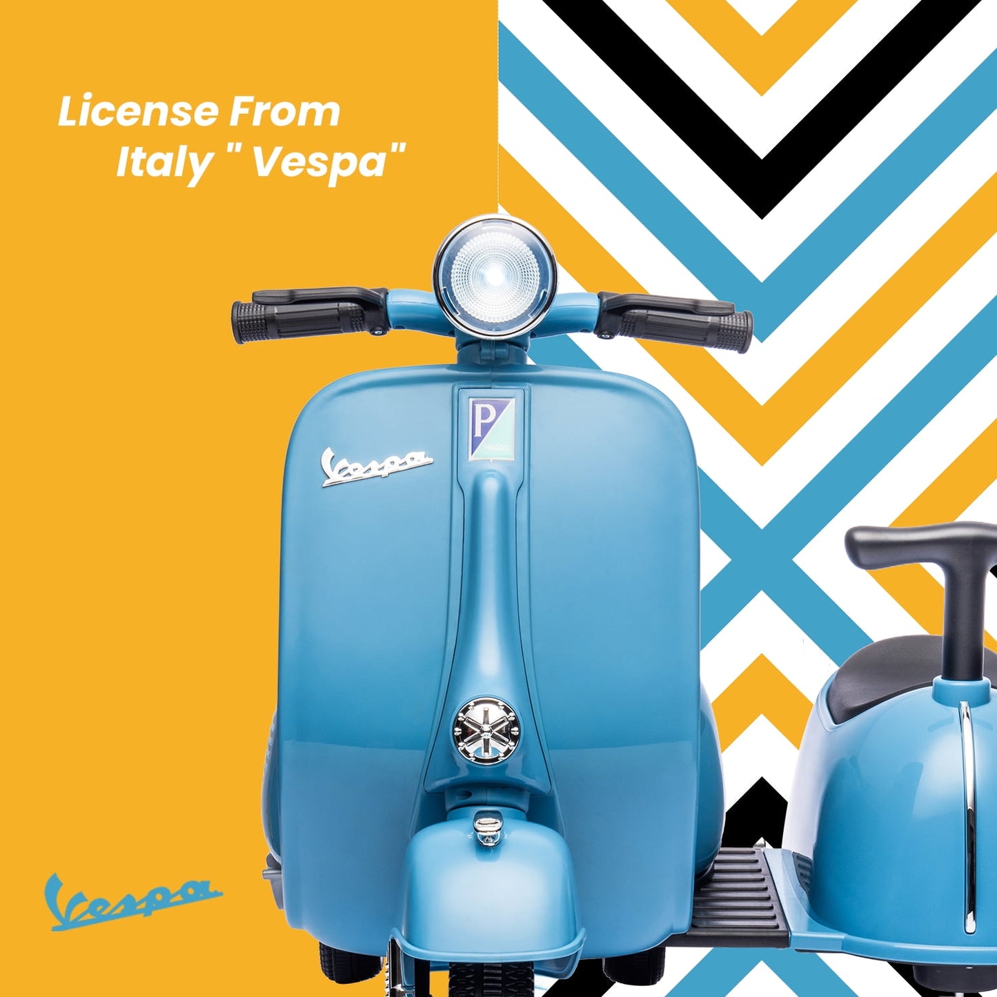 Track Seven 2-Seater Ride on Motorcycle, Licensed Vespa Electric Motorcycle with Side Car, 2-Seater Ride on Car, Music, Storage Bin, Max Speed 3.7mph, Blue