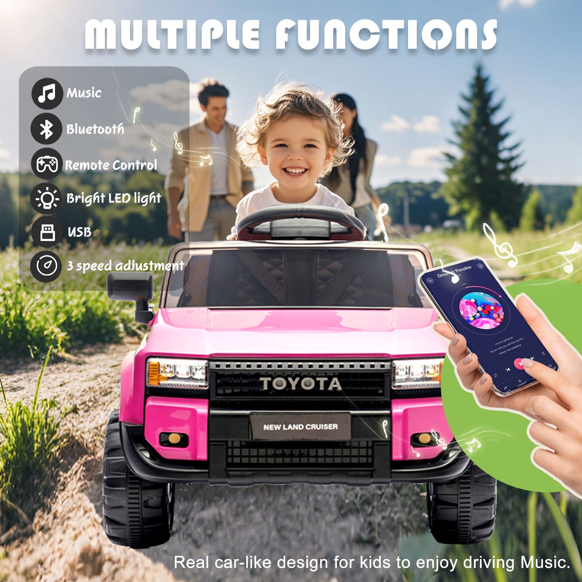 Track 7 12V Ride on Car, Licensed Toyota LC250 Ride on Truck for Kids, Electric Car with Remote Control, Power Display, Music, Bluetooth, 12V Ride on Toy Car for Boys Girls Age 2+, Pink