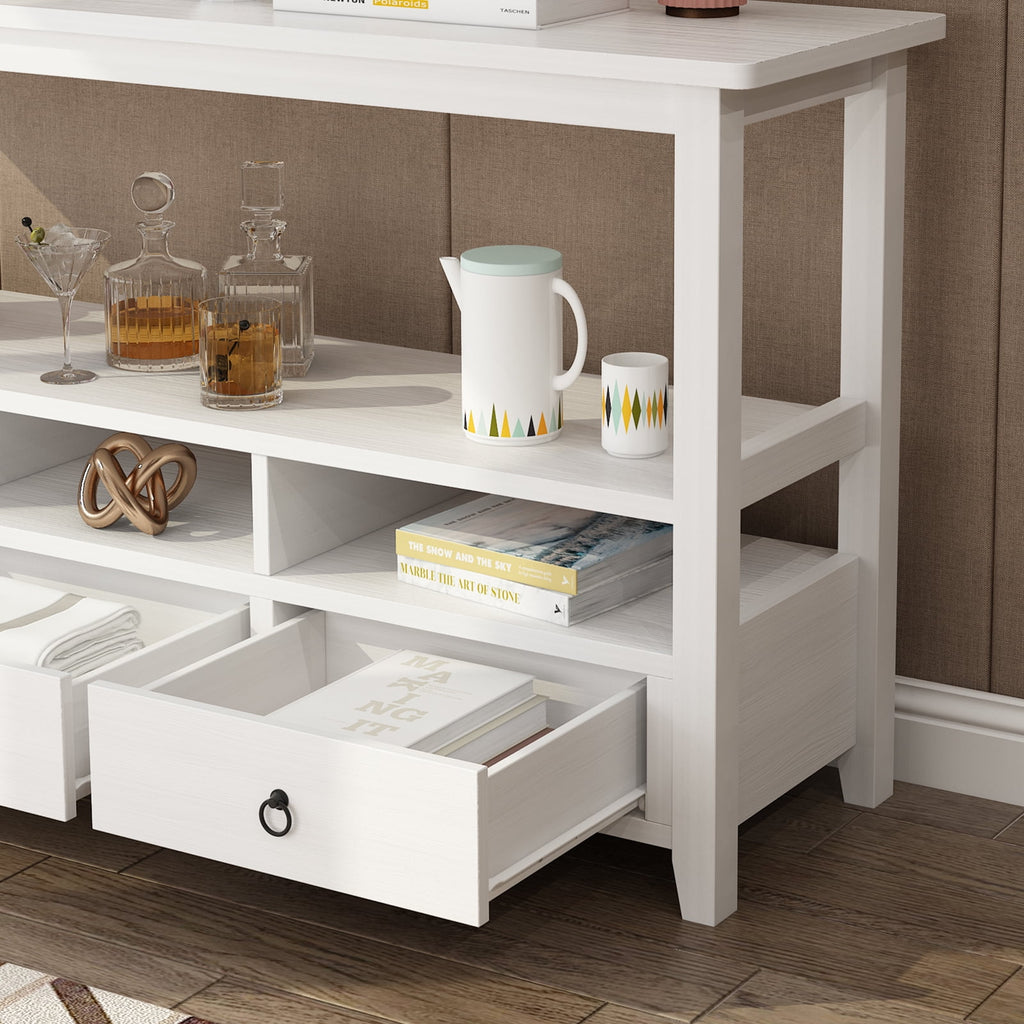 COOKCOK Console Table with 3 Drawers, Industrial Sofa Table, Entryway Table with 3-Tier Storage Shelves, TV Console TV Stand for Hallyway, Living Room, White