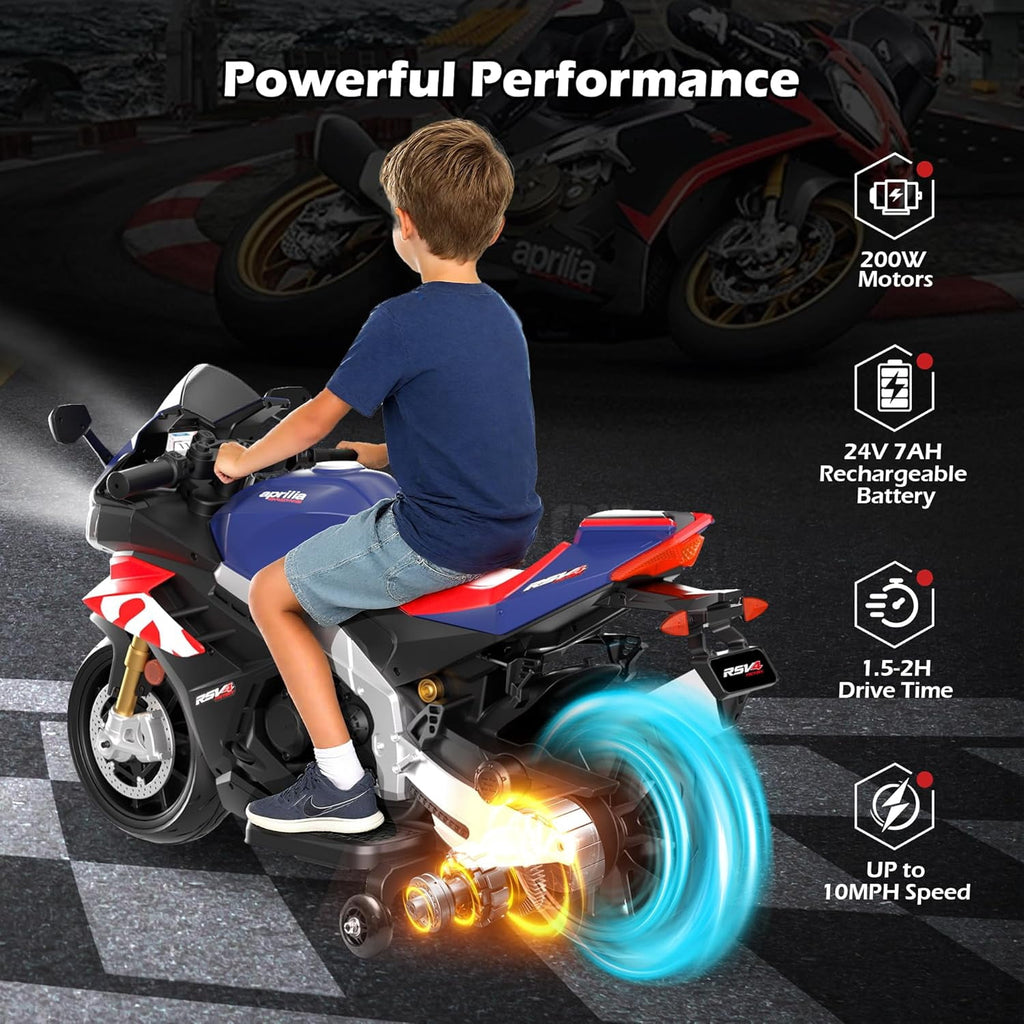 Track Seven 24V Ride on Motorcycle, Licensed Aprilia RSV4 Electric Motorcycle for Kids with Training Wheels, LED Lights, Music, Speed Up to 5 Mph, Ride on Toy Car for Boys Girls Aged 3+, Blue