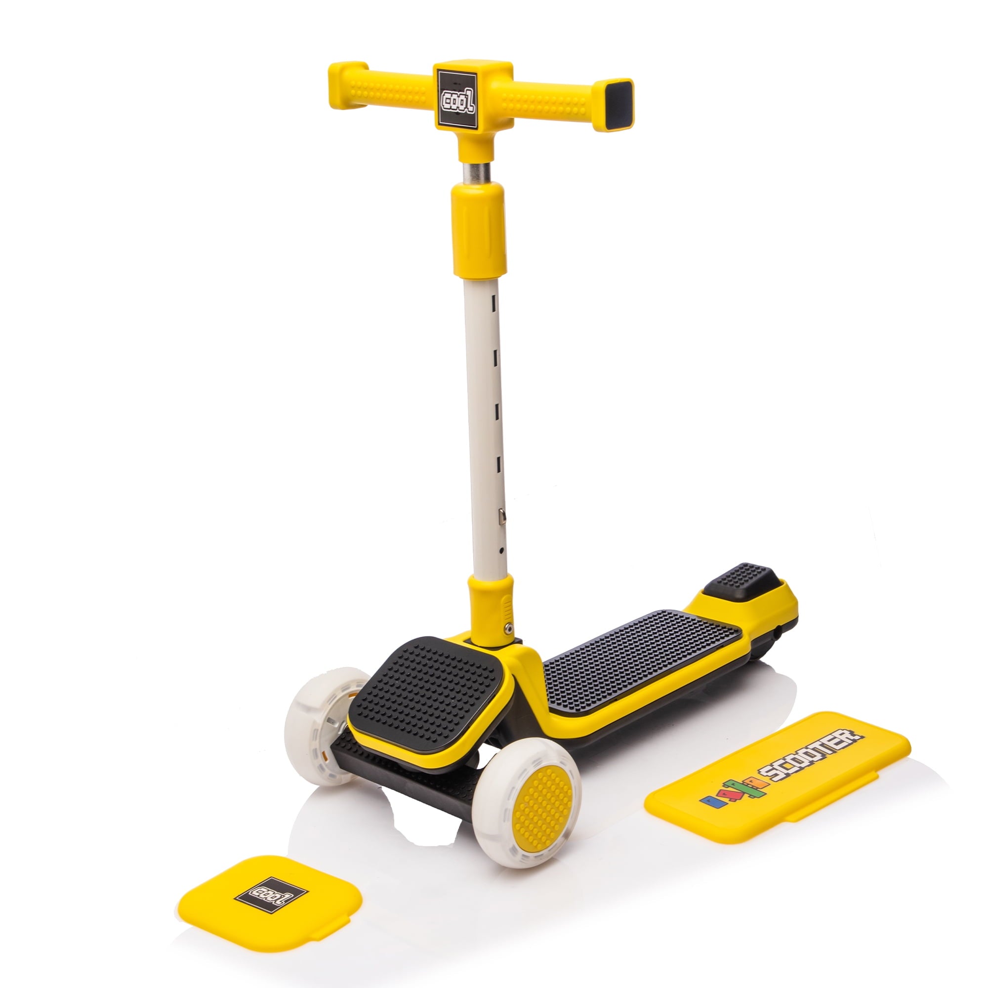 Track Seven Kids Ride On 3-Wheel Scooter W/Buildable Blocks, PU Flashing Wheels, 5-Position Height Adjustable, Folding Kick Scooter for Kids Aged 3+, Yellow