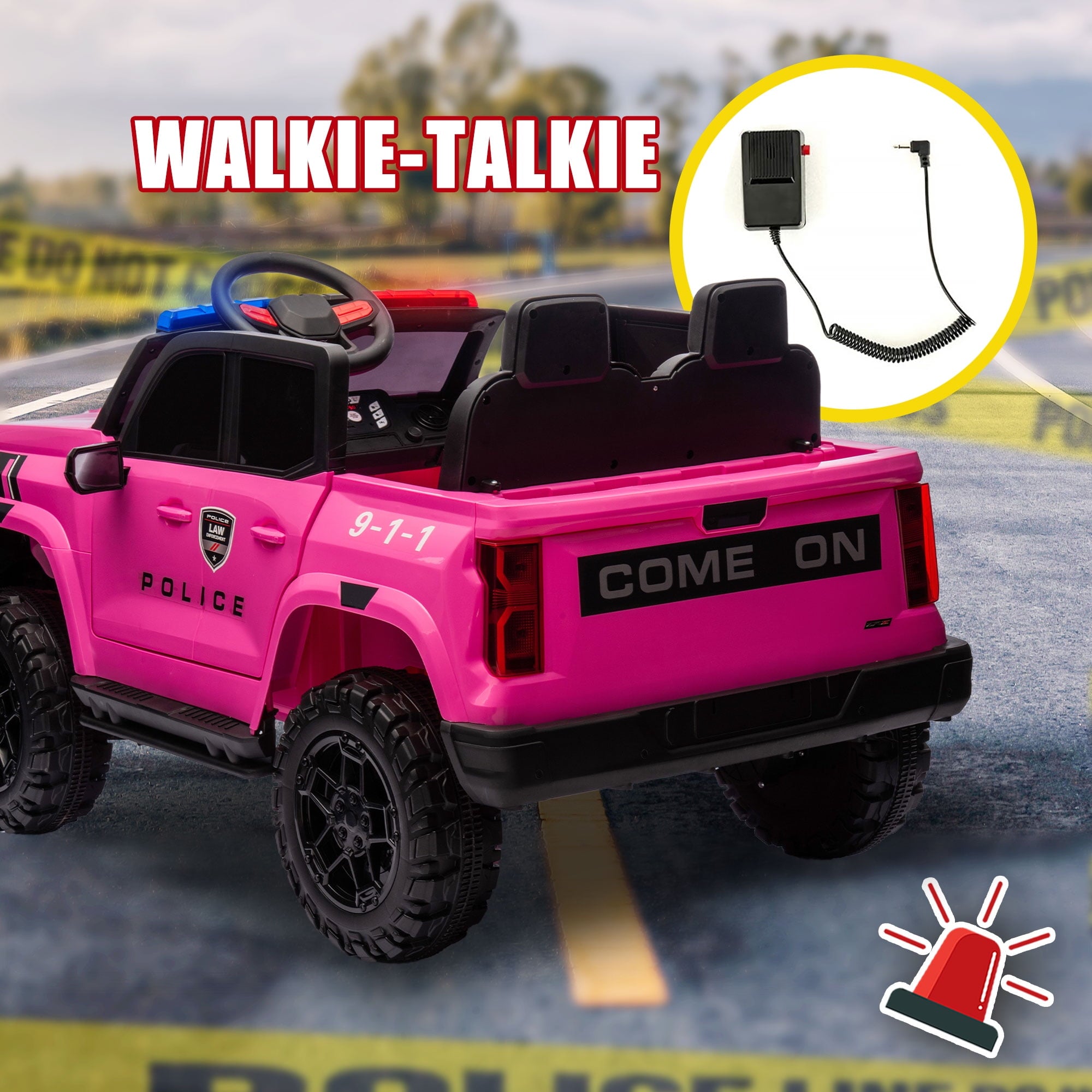 Track 7 24V Ride on Car, 2-Seater Kids Ride on Pickup Police Car with Remote Control, Bluetooth, 4 x 200W Motor Electric Car, 3 speeds, LED Lights, Spring Suspension, Pink