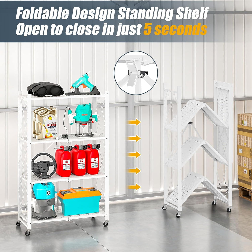 COOKCOK 4-Tier Storage Shelves, Foldable Shelving Units with Wheels, 27.9"x13.4"x 47.8", Freestanding Wire Shelf Rack with Hooks, No Assembly Organizer Rack for Garage Kitchen, White (Pack of 2)