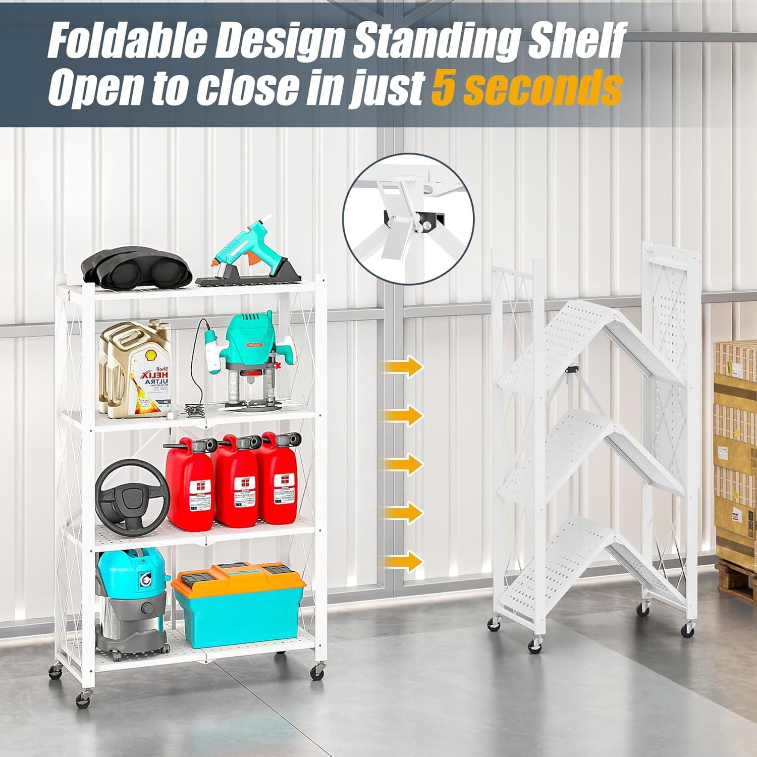COOKCOK 4-Tier Storage Shelves, Foldable Shelving Units with Wheels, 27.9"x13.4"x 47.8", Freestanding Wire Shelf Rack with Hooks, No Assembly Organizer Rack for Garage Kitchen, White (Pack of 2)