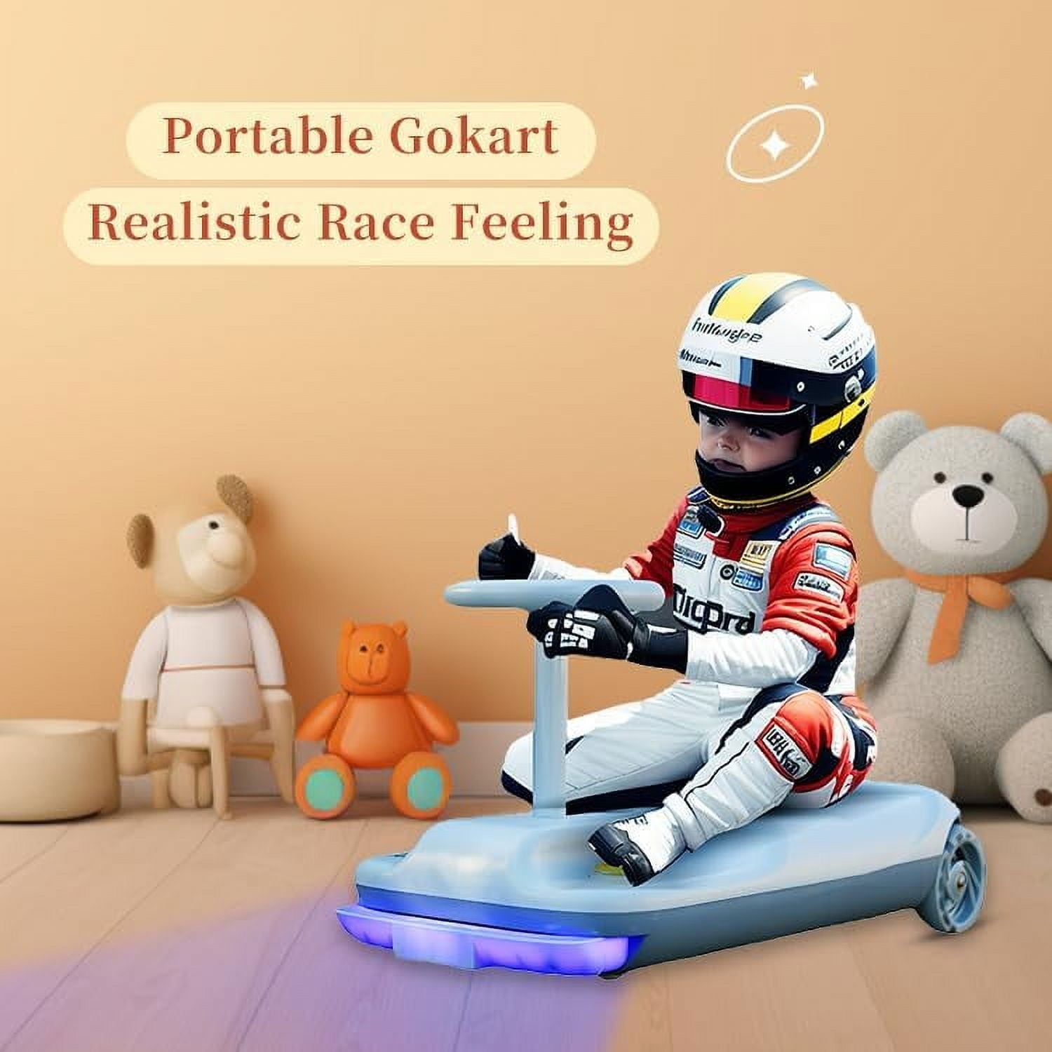 Track 7 12V Electric Go Kart, Ride On Race Car with LED Flashing Lights, Variable Speed 0-6 mph, Portable Go Kart with Mopping Kit, 6L Storage Space, Low Noise, Electric Car for Kids Age 2+, White