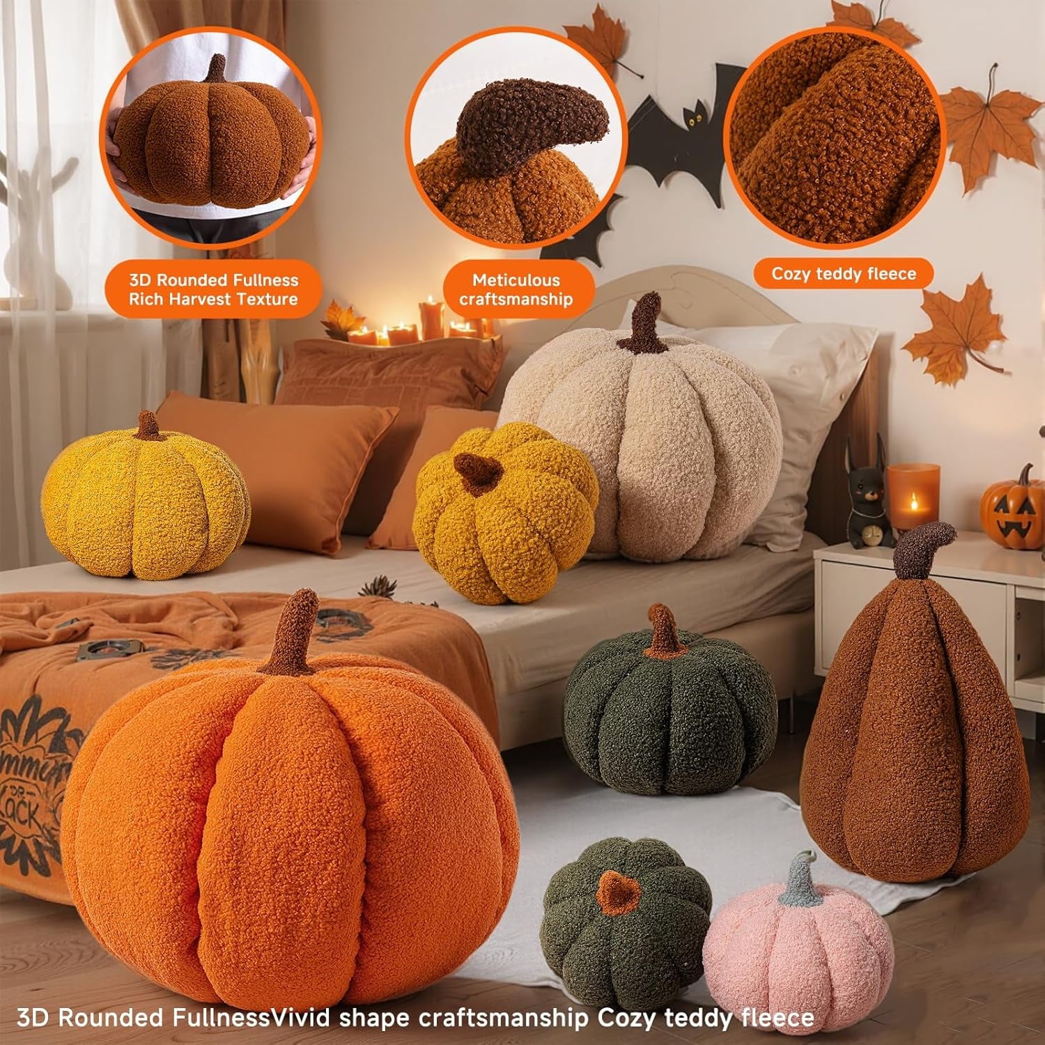 COOKCOK Fall Pumpkin Pillows Set of 2, Halloween Decoration Plush Throw Pillows Soft Fleece Sherpa Cute 3D Shaped Cushion for Sofa Couch Bedroom Autumn Thanksgiving, 12.6x8.7in & 9x5.9in, Orange