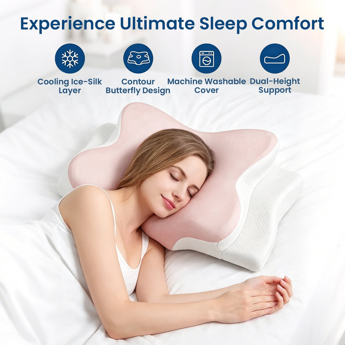 COOKCOK Cervical Neck Pillow for Pain Relief, Ergonomic Memory Foam Contour Pillow for Side, Back and Stomach Sleepers, Orthopedic Spine Support Bed Pillow with Breathable Washable Cover, Pink