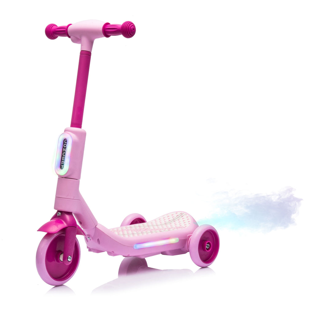 Track Seven Electric Scooter for Kids, 3 Wheels Kids Kick Scooter with Spray, LED Lights, PU Wheels, Wide Pedal, Music, Independent Light Switch, 6V Scooter for Boys Girls Toddlers Ages 3-6, Pink