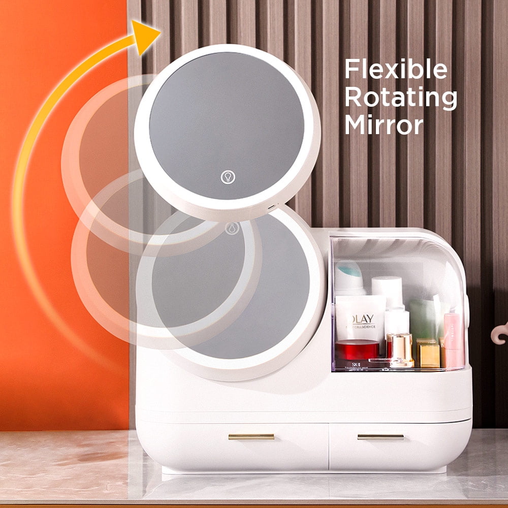 COOKCOK Makeup Storage Organizer,  Standing Countertop Multifunctional Cosmetic Organizer with Fan and 360° Rotating 3 Color Adjustable LED Mirror, White