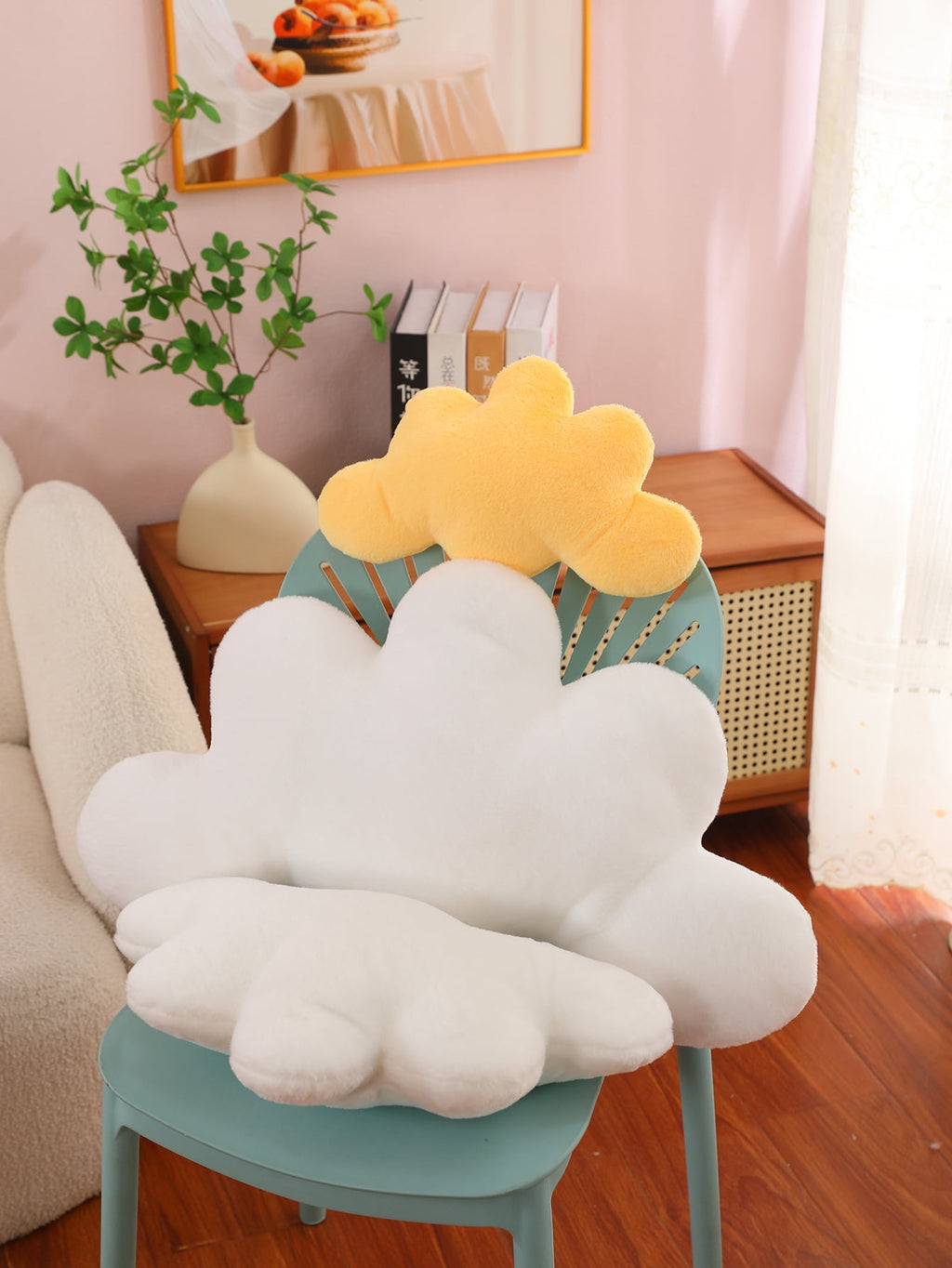 COOKCOK Cloud Pillows, 19.68“ Cloud Shaped Throw Pillow, Soft Floor Pillow for Home Decor, Cute Plush Decorative Pillows with Soft Faux Rabbit Fur for Sofa Bedroom Living Room, Pink